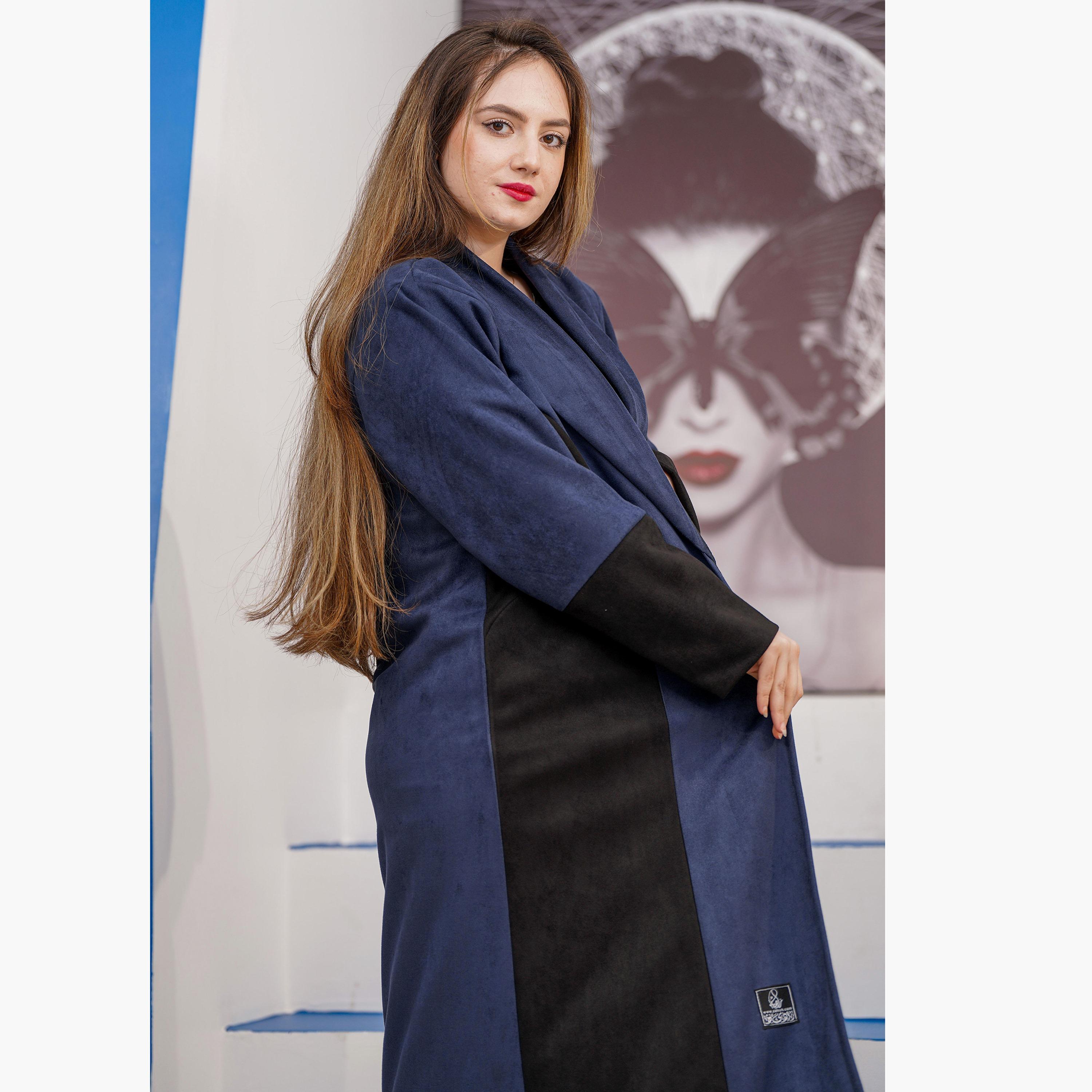 عباية نسائية كحلية وسوداء بياقة طية السترة متباينة اللون بأكمام متباينة اللون من زاهية-women-arabicclothing-abayas-image-2