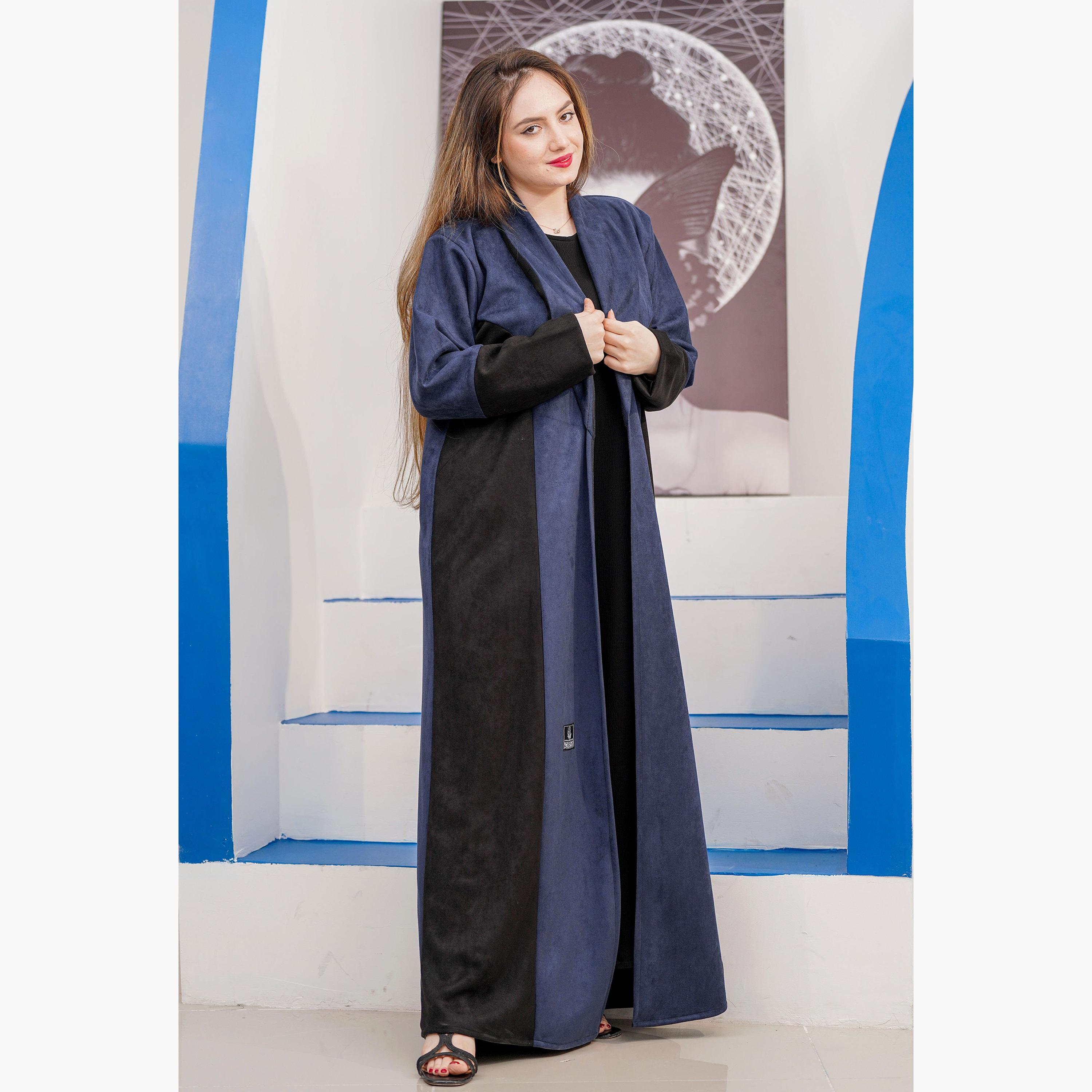 عباية نسائية كحلية وسوداء بياقة طية السترة متباينة اللون بأكمام متباينة اللون من زاهية-women-arabicclothing-abayas-image-4
