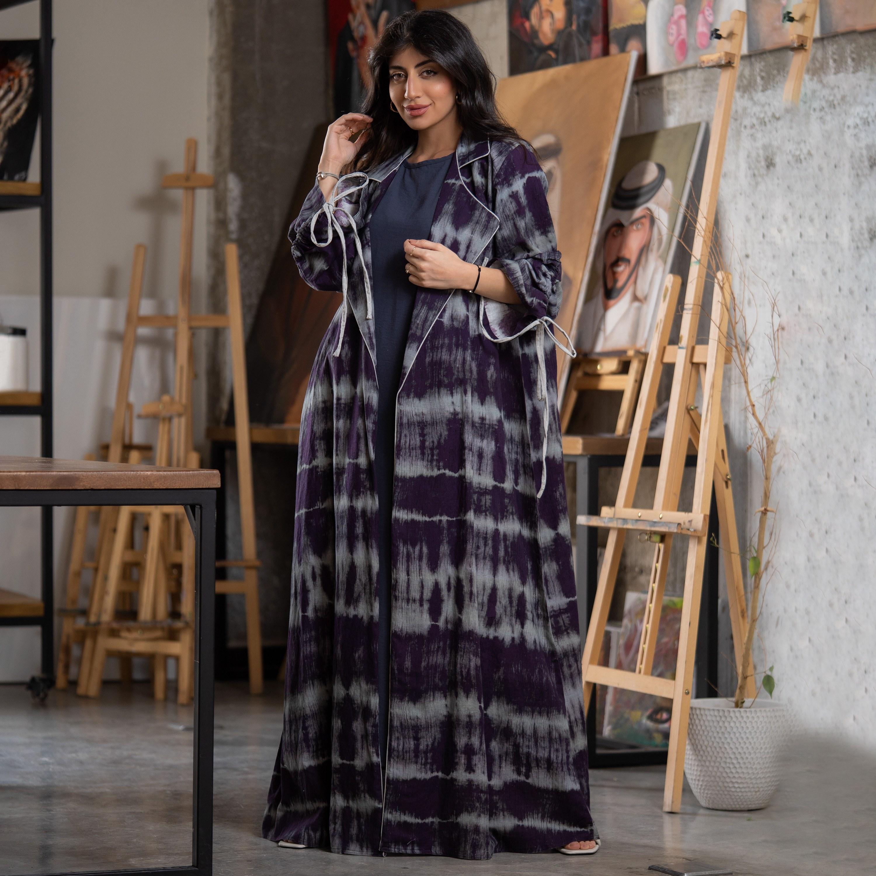 Gheed Dark Purple & Grey Tie & Dye Lapel Collared Ruched Tie Sleeves Linen Women's Abaya with Hijab-women-arabicclothing-abayas-image-1