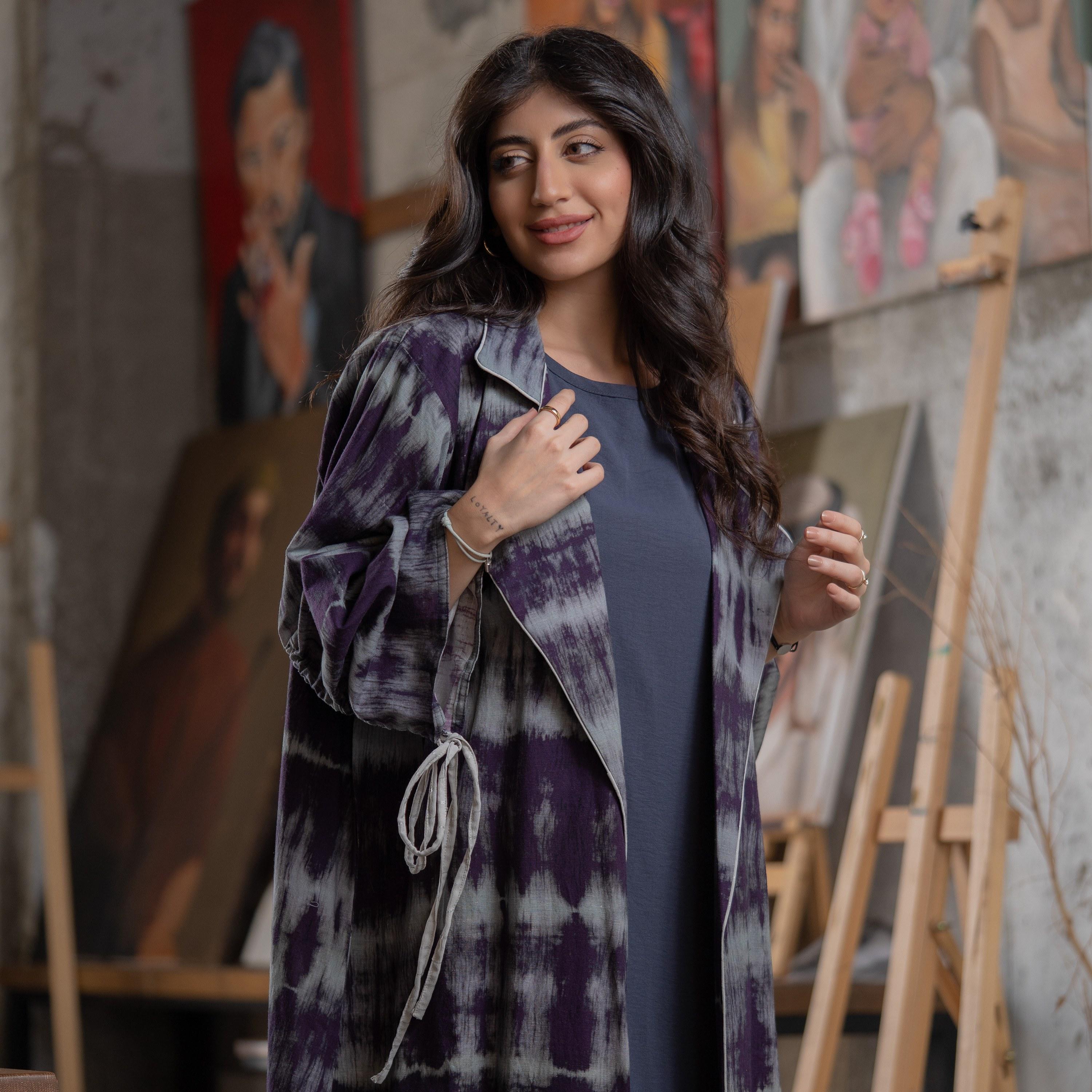 Gheed Dark Purple & Grey Tie & Dye Lapel Collared Ruched Tie Sleeves Linen Women's Abaya with Hijab-women-arabicclothing-abayas-image-2