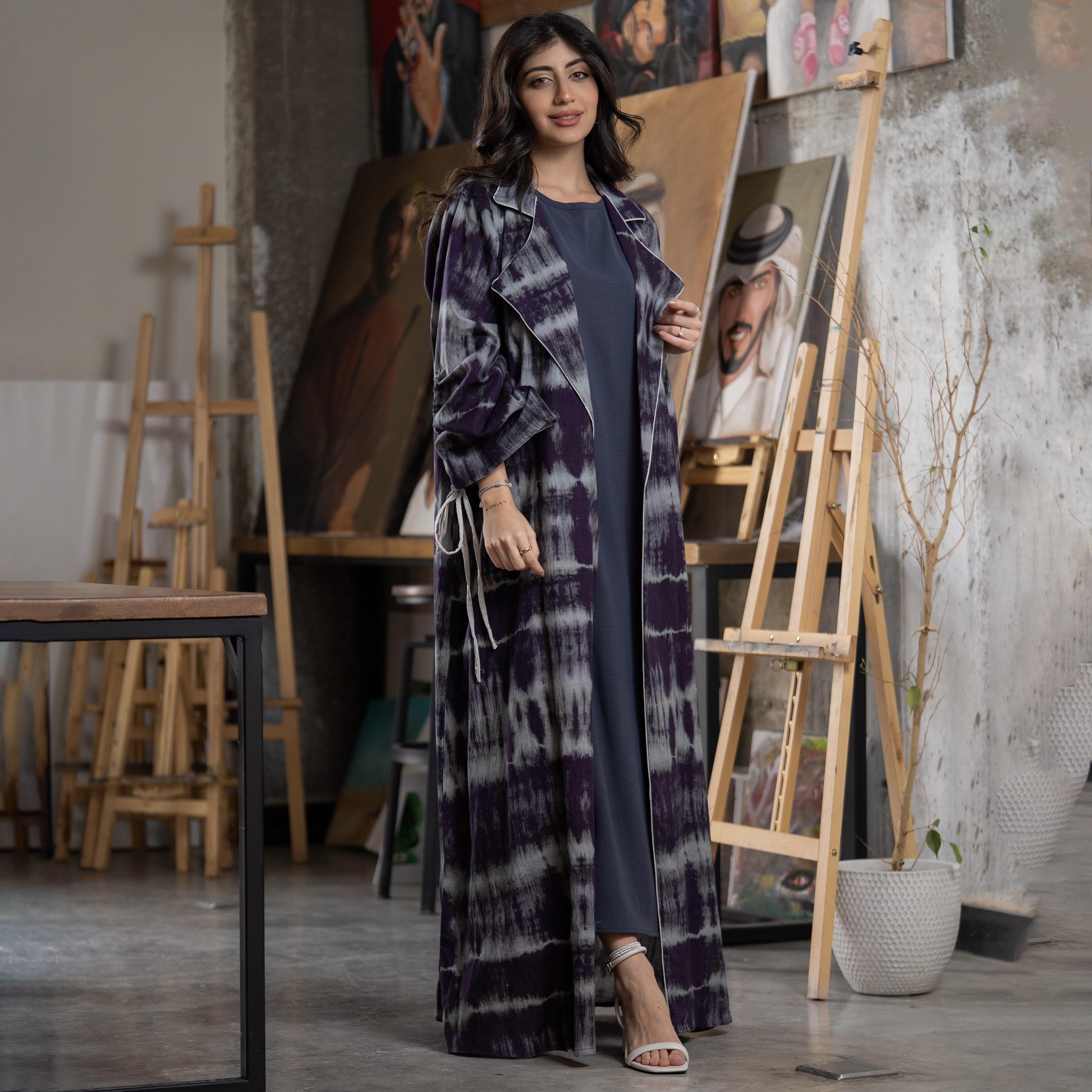 Gheed Dark Purple & Grey Tie & Dye Lapel Collared Ruched Tie Sleeves Linen Women's Abaya with Hijab-women-arabicclothing-abayas-image-3