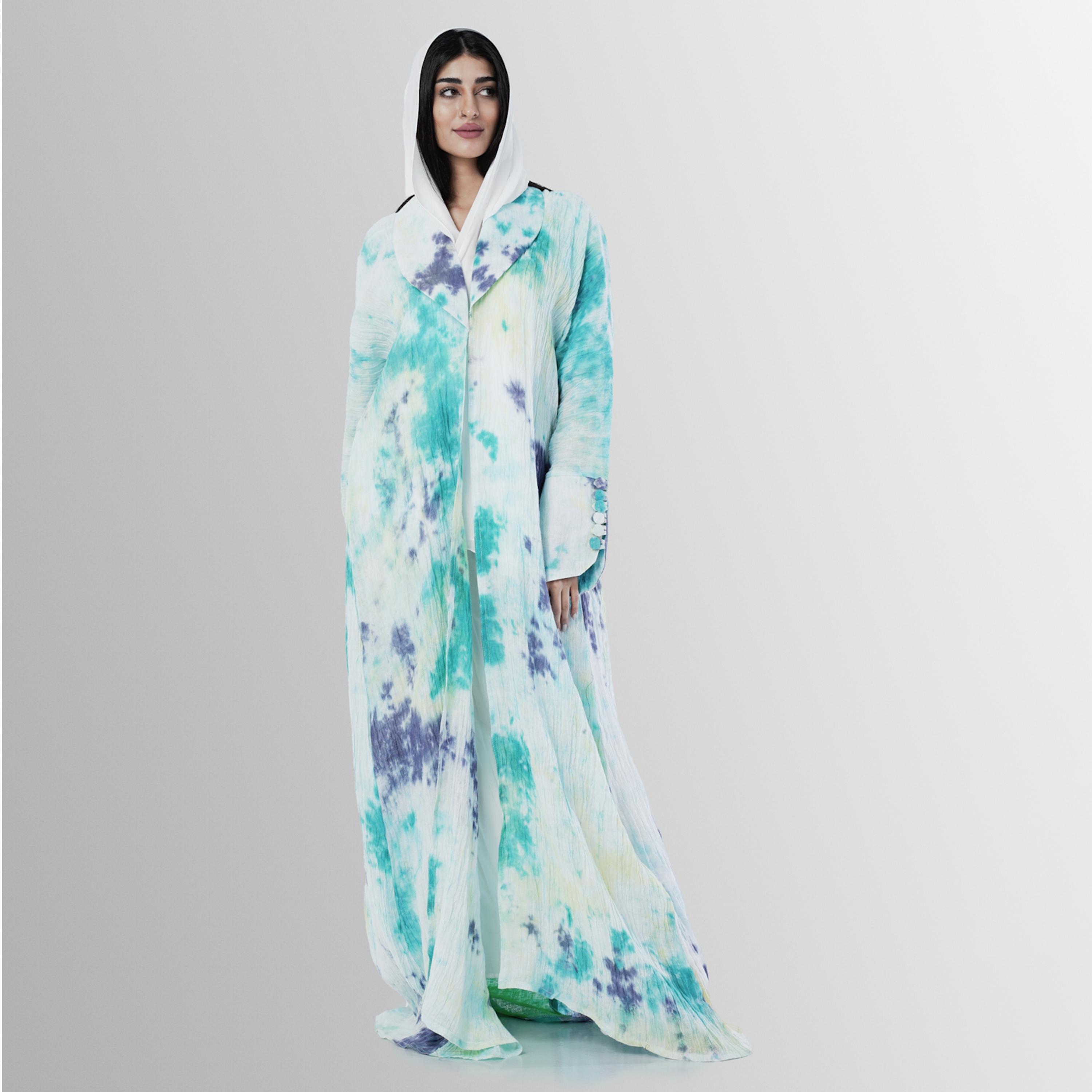 Gheed Turquoise Tie & Dye Print Lapel Collared Buttoned Cuff Sleeves Linen Women's Abaya with Hijab-women-arabicclothing-abayas-image-1