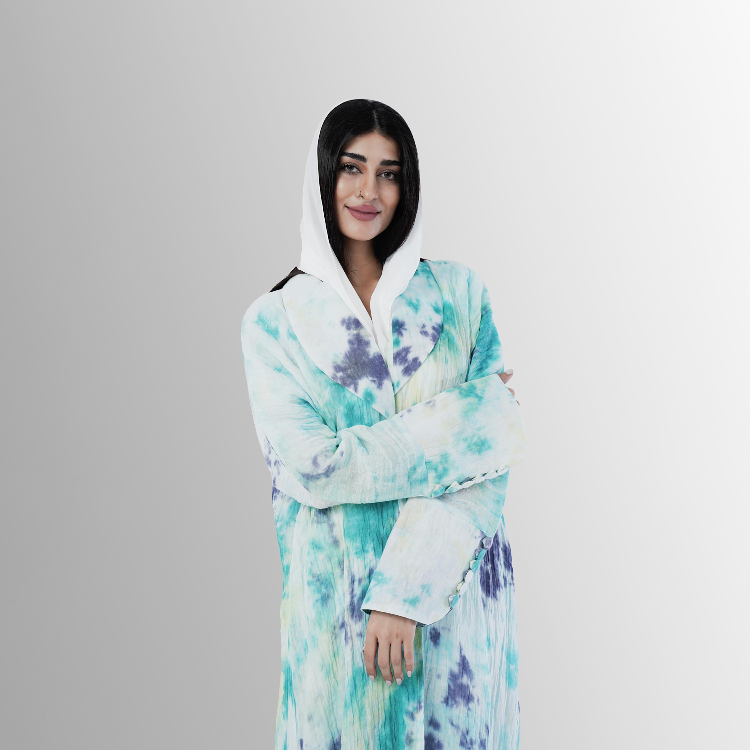 Gheed Turquoise Tie & Dye Print Lapel Collared Buttoned Cuff Sleeves Linen Women's Abaya with Hijab-women-arabicclothing-abayas-image-2