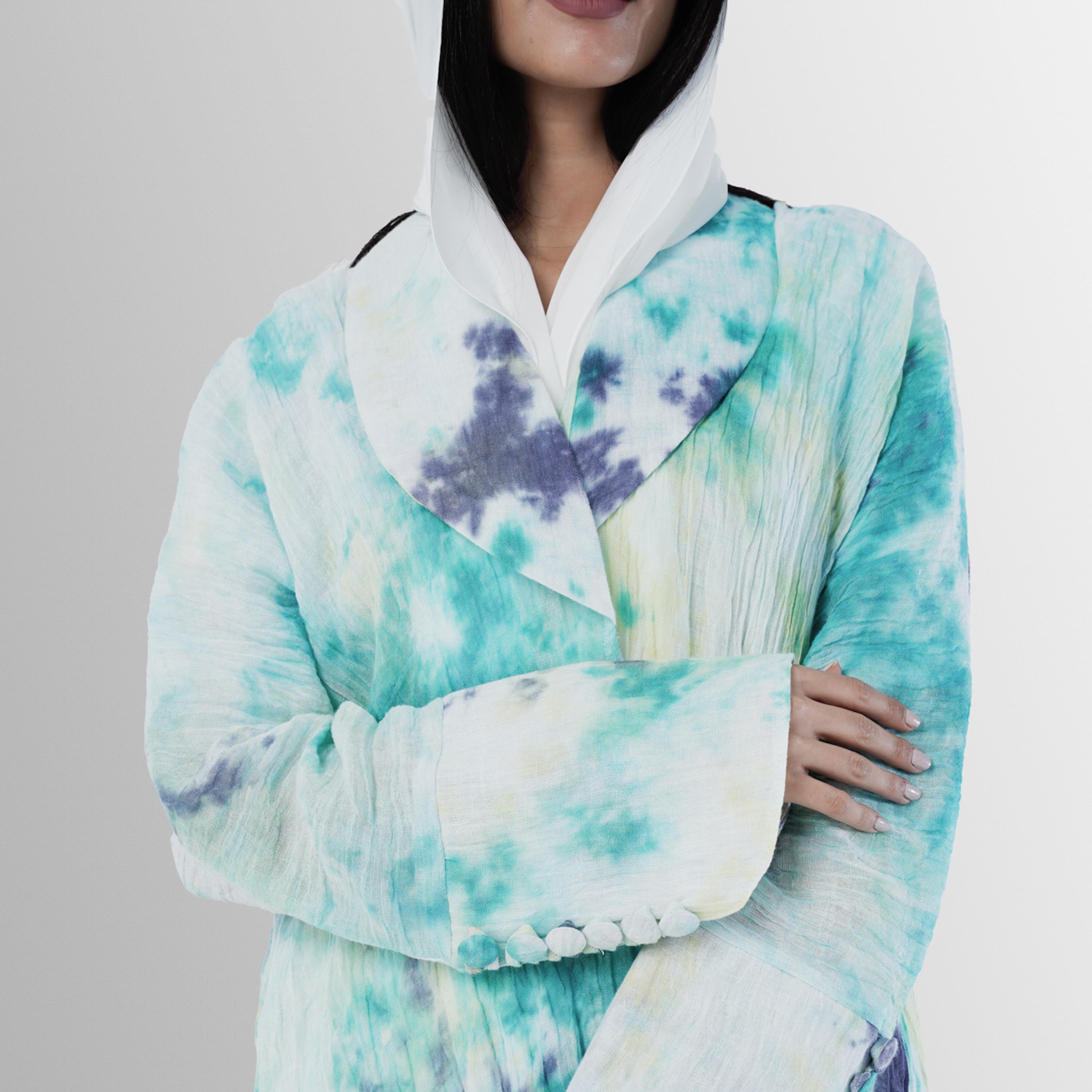 Gheed Turquoise Tie & Dye Print Lapel Collared Buttoned Cuff Sleeves Linen Women's Abaya with Hijab-women-arabicclothing-abayas-image-3