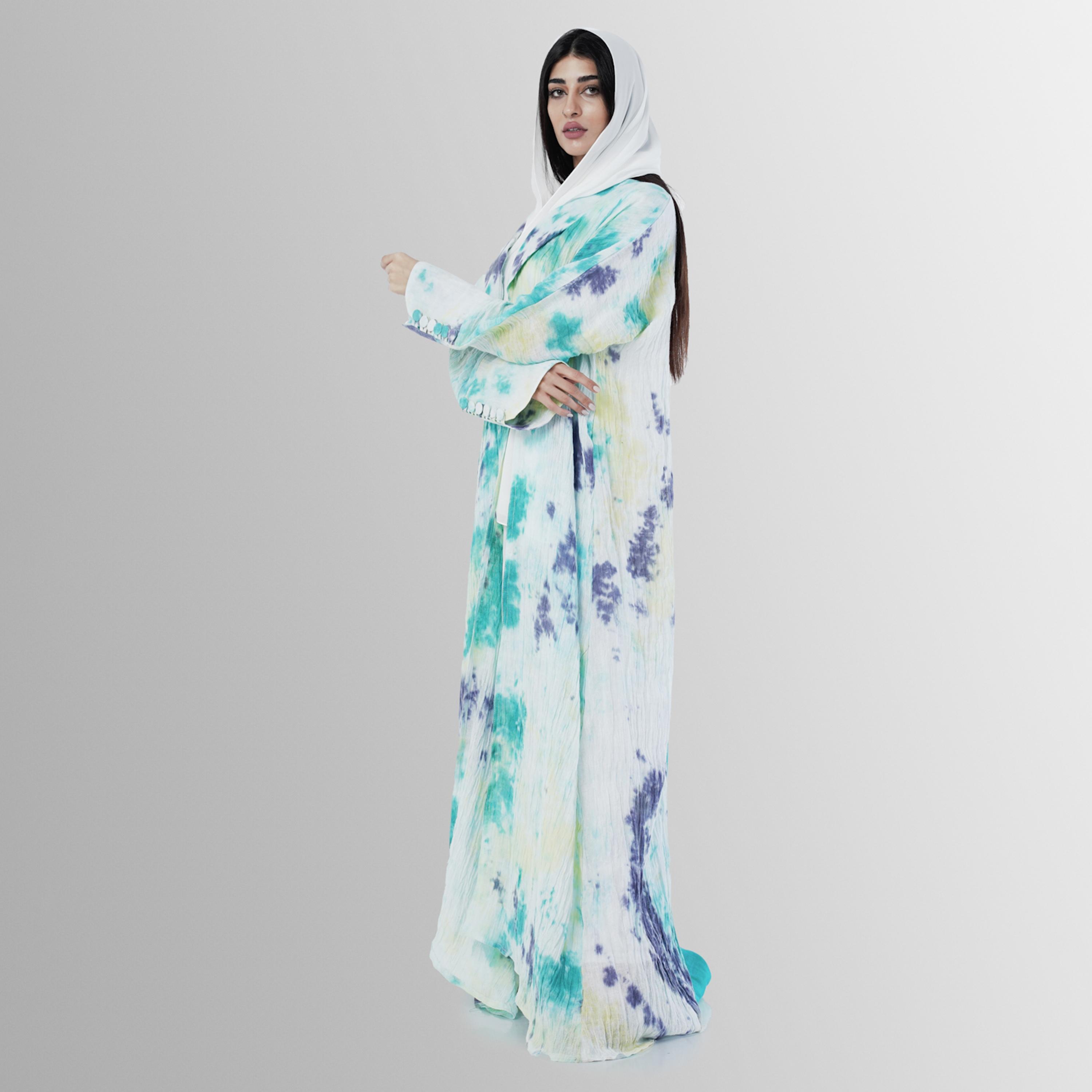 Gheed Turquoise Tie & Dye Print Lapel Collared Buttoned Cuff Sleeves Linen Women's Abaya with Hijab-women-arabicclothing-abayas-image-4