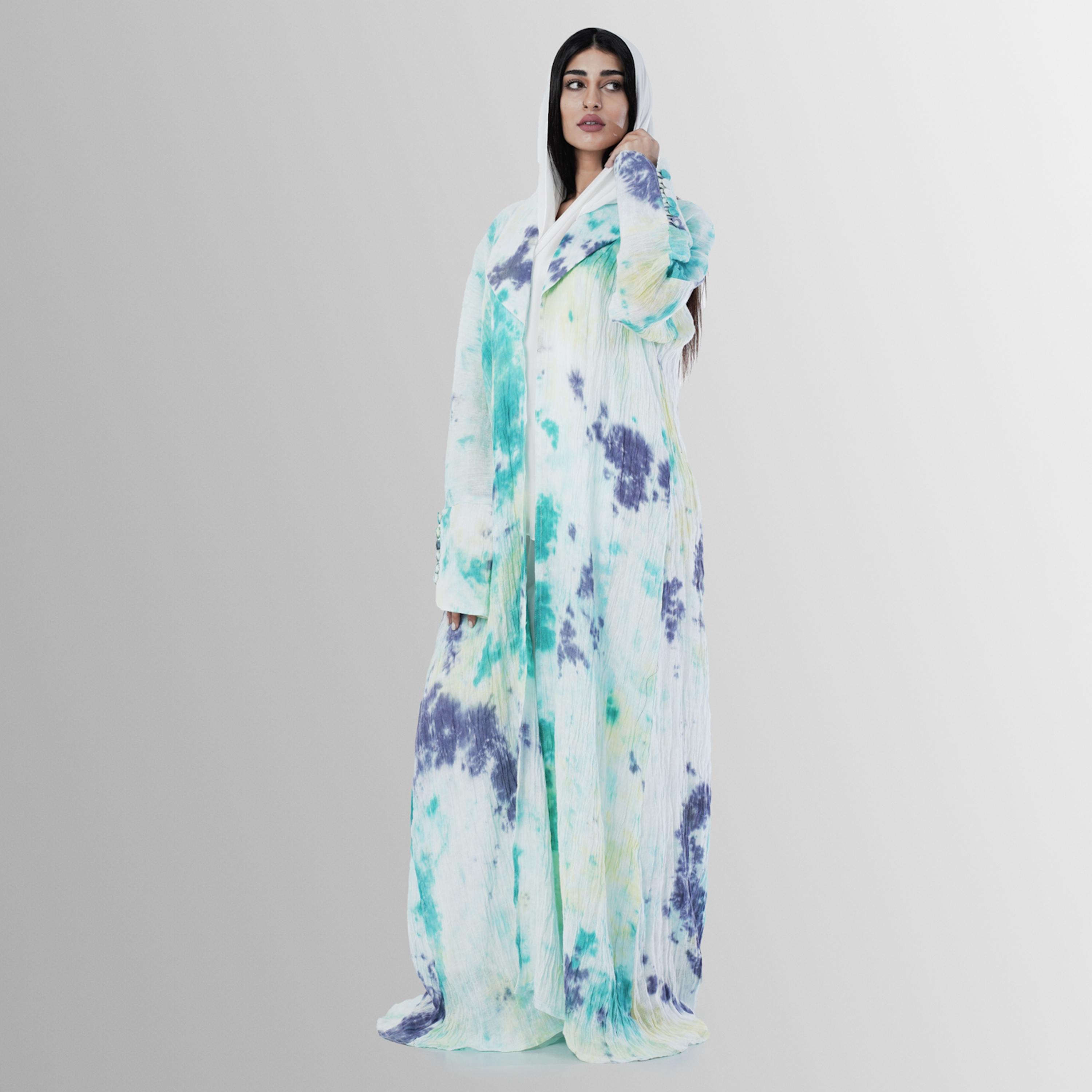 Gheed Turquoise Tie & Dye Print Lapel Collared Buttoned Cuff Sleeves Linen Women's Abaya with Hijab-women-arabicclothing-abayas-image-5