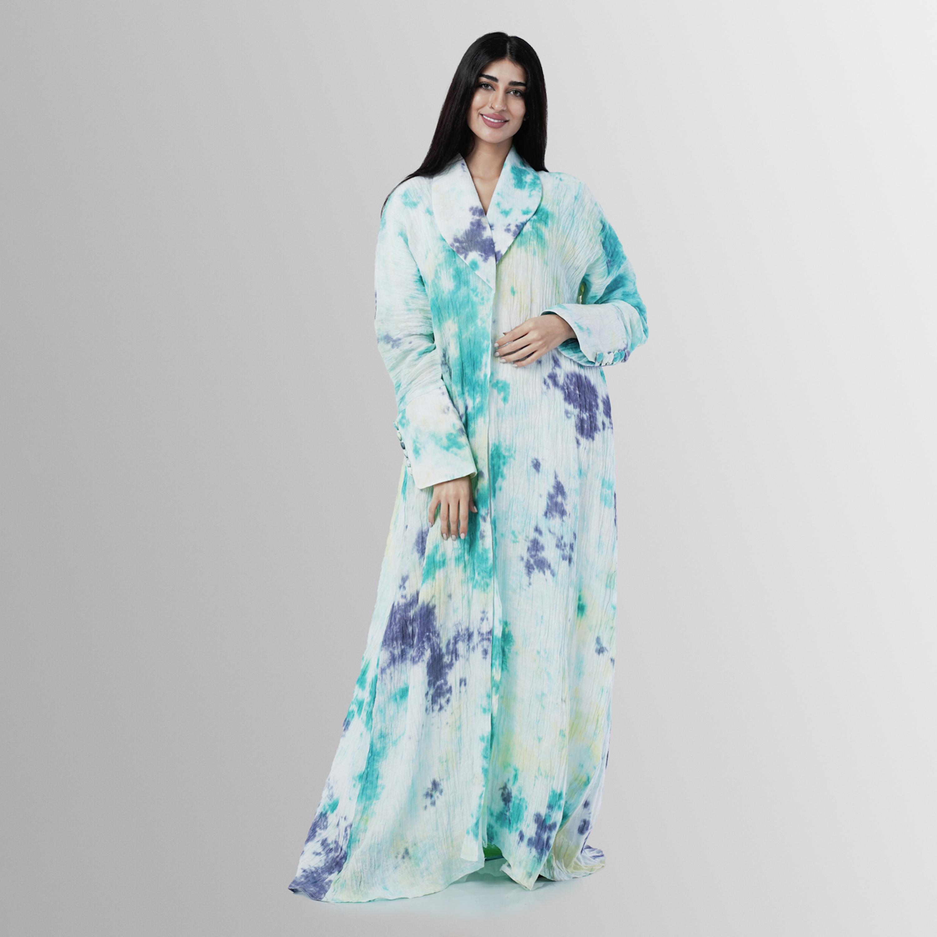Gheed Turquoise Tie & Dye Print Lapel Collared Buttoned Cuff Sleeves Linen Women's Abaya with Hijab-women-arabicclothing-abayas-image-6