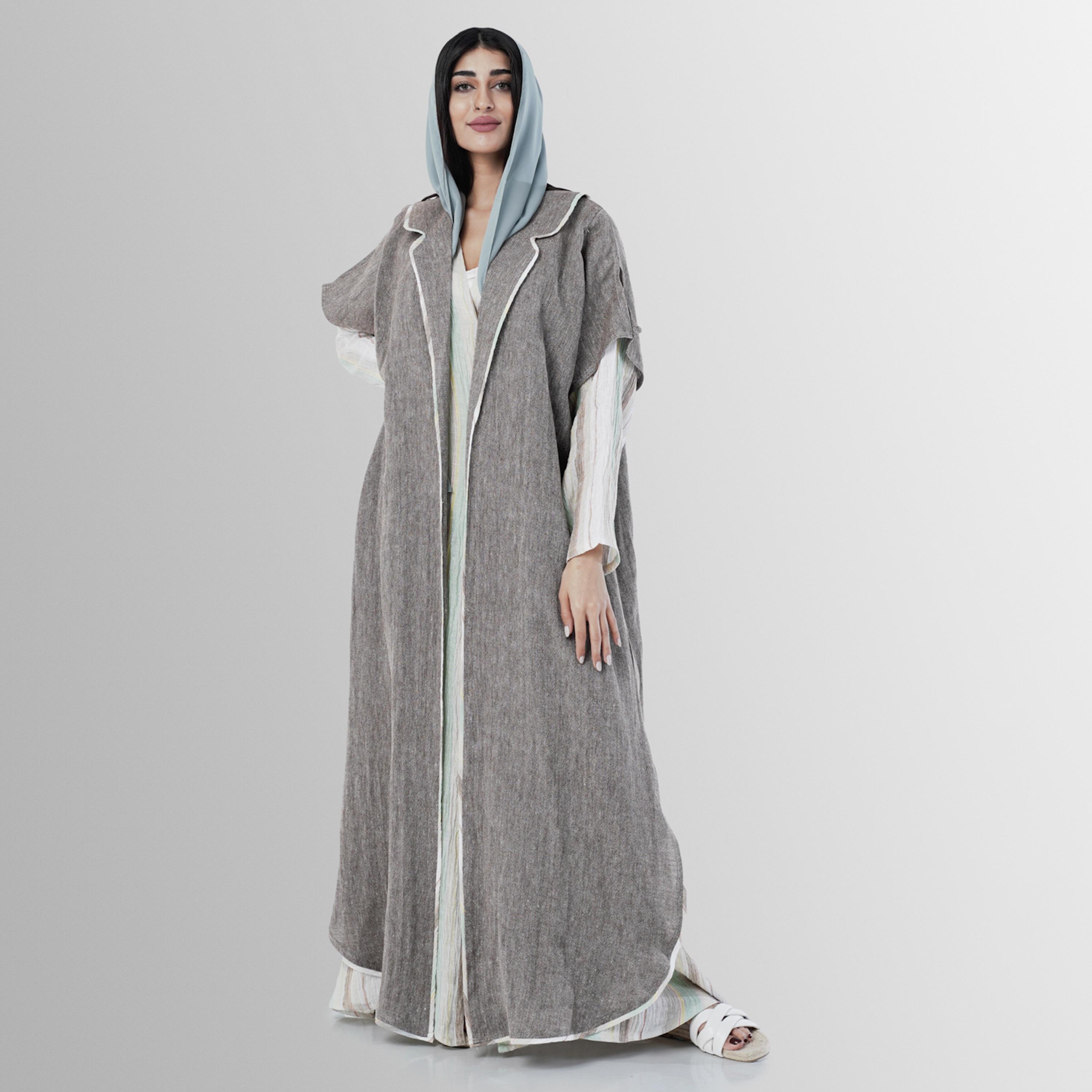 Gheed Grey Textured Slit Sleeves Linen Women's Abaya with Hijab-women-arabicclothing-abayas-image-1