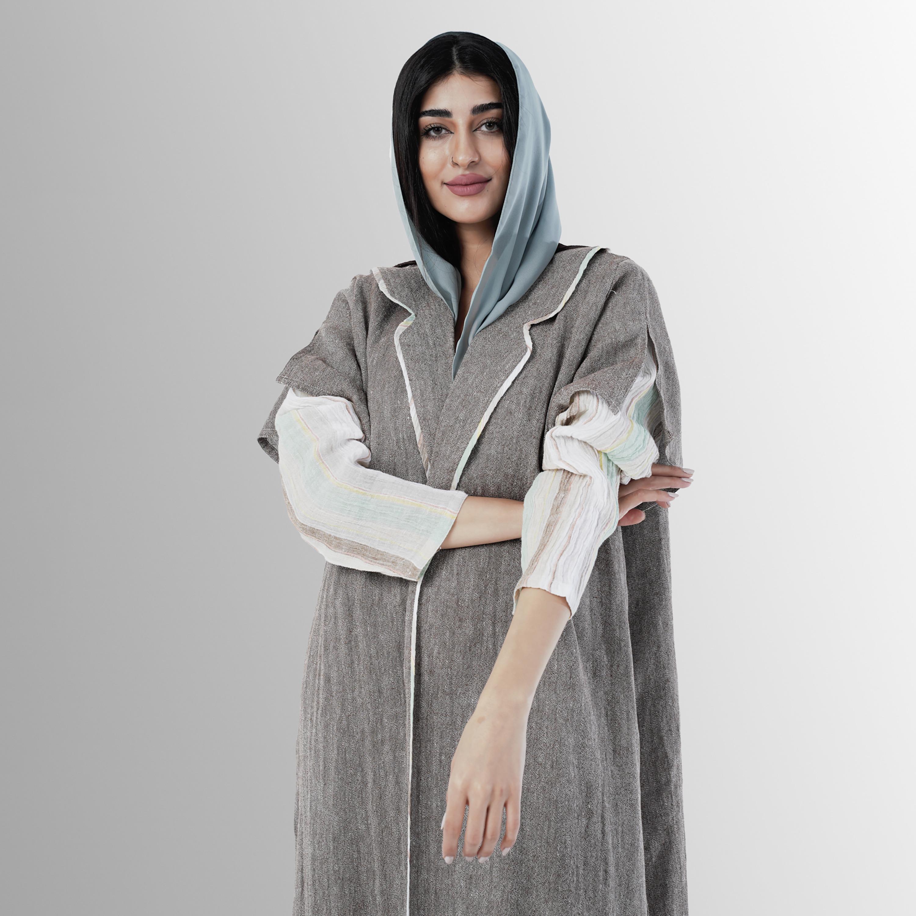 Gheed Grey Textured Slit Sleeves Linen Women's Abaya with Hijab-women-arabicclothing-abayas-image-2