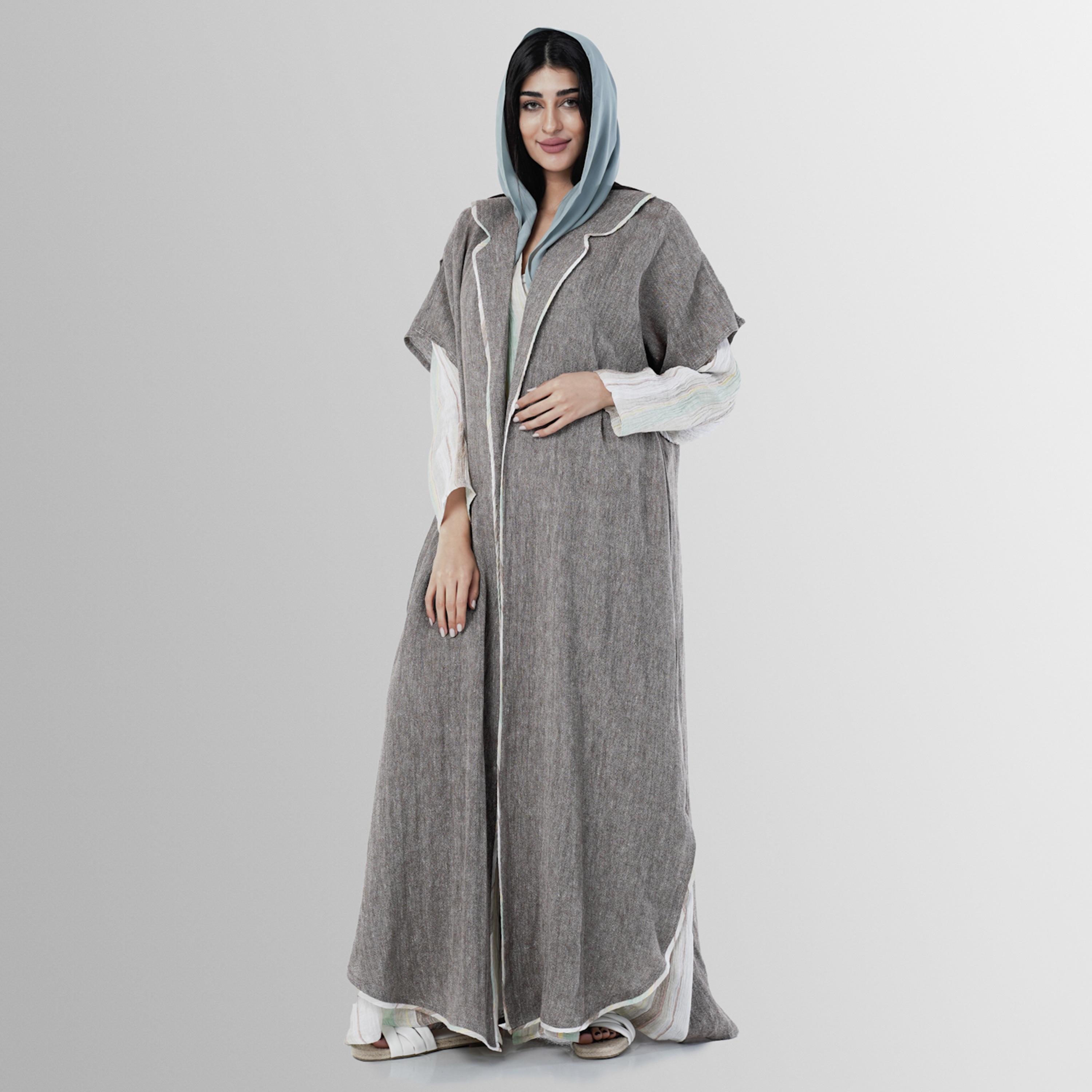 Gheed Grey Textured Slit Sleeves Linen Women's Abaya with Hijab-women-arabicclothing-abayas-image-3