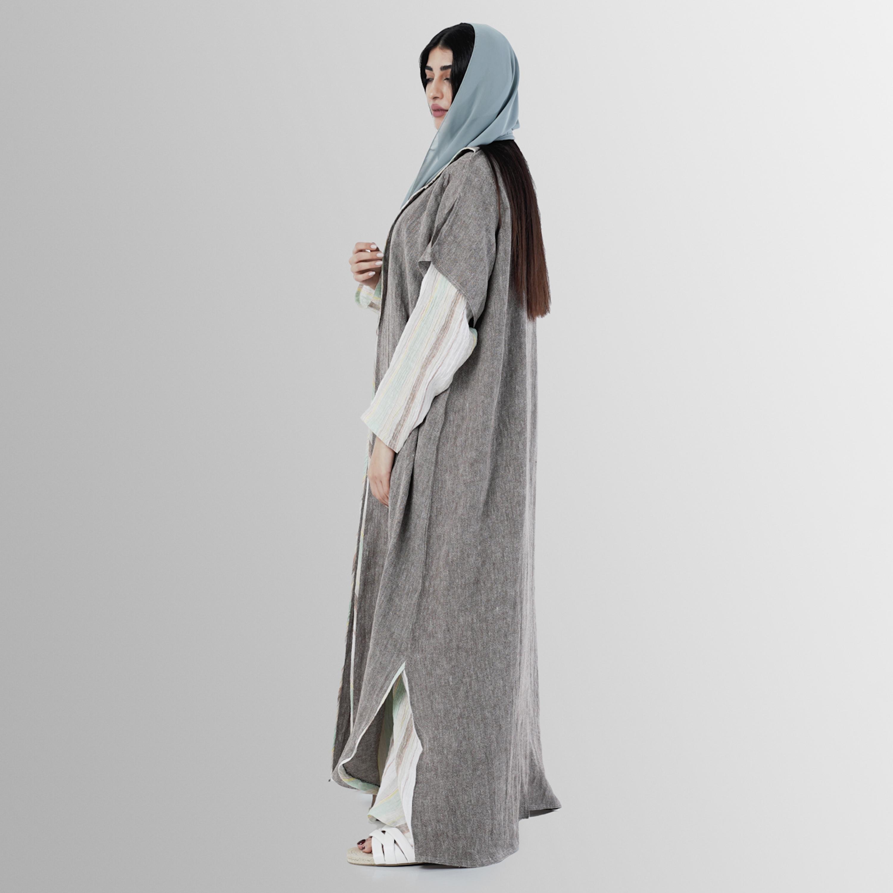 Gheed Grey Textured Slit Sleeves Linen Women's Abaya with Hijab-women-arabicclothing-abayas-image-4