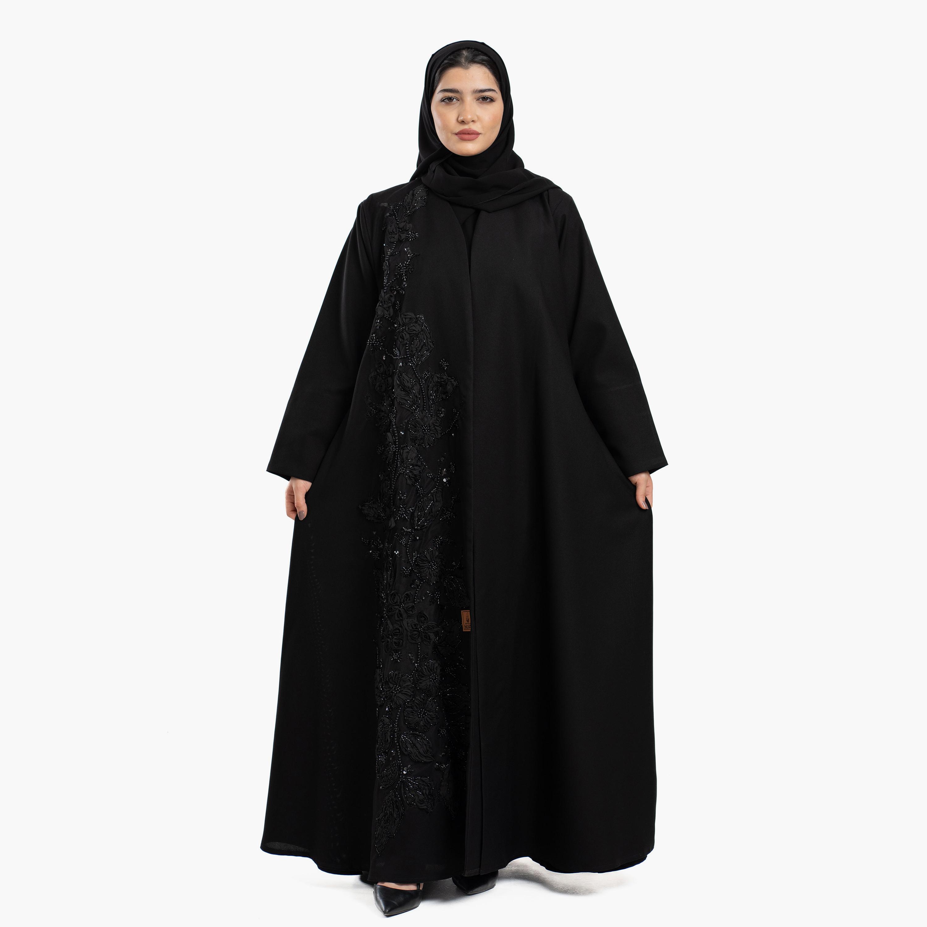 عباية نسائية باللون الأسود مزينة بالخرز والورود مع طرحة من زاهية-women-arabicclothing-abayas-image-1