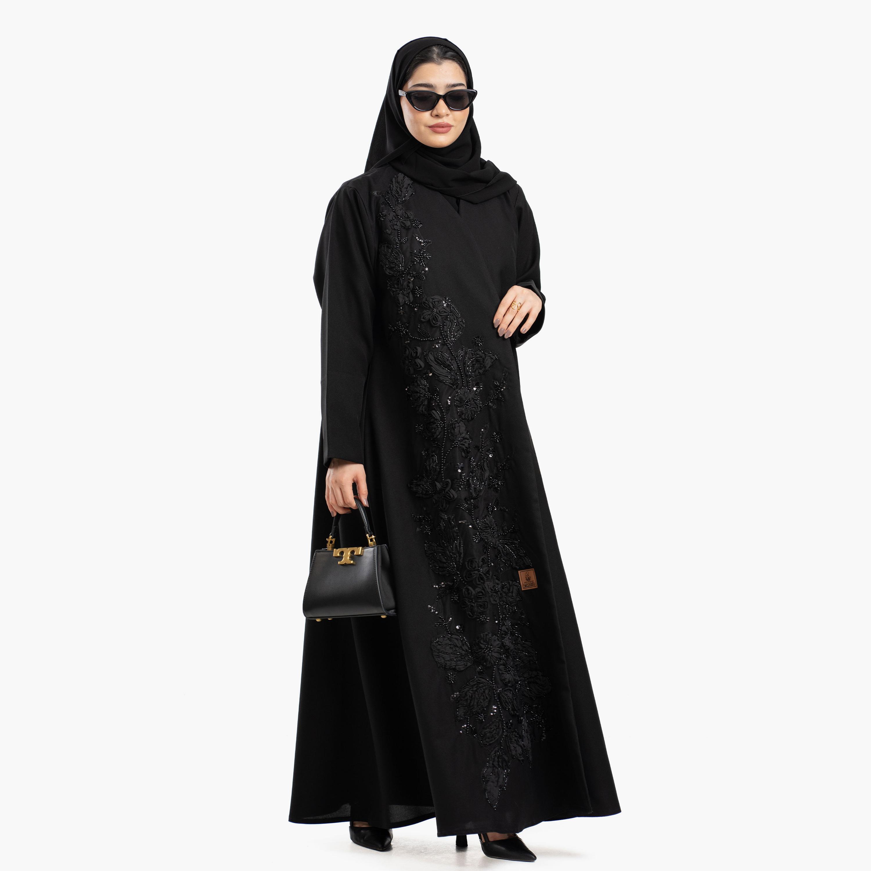 عباية نسائية باللون الأسود مزينة بالخرز والورود مع طرحة من زاهية-women-arabicclothing-abayas-image-3