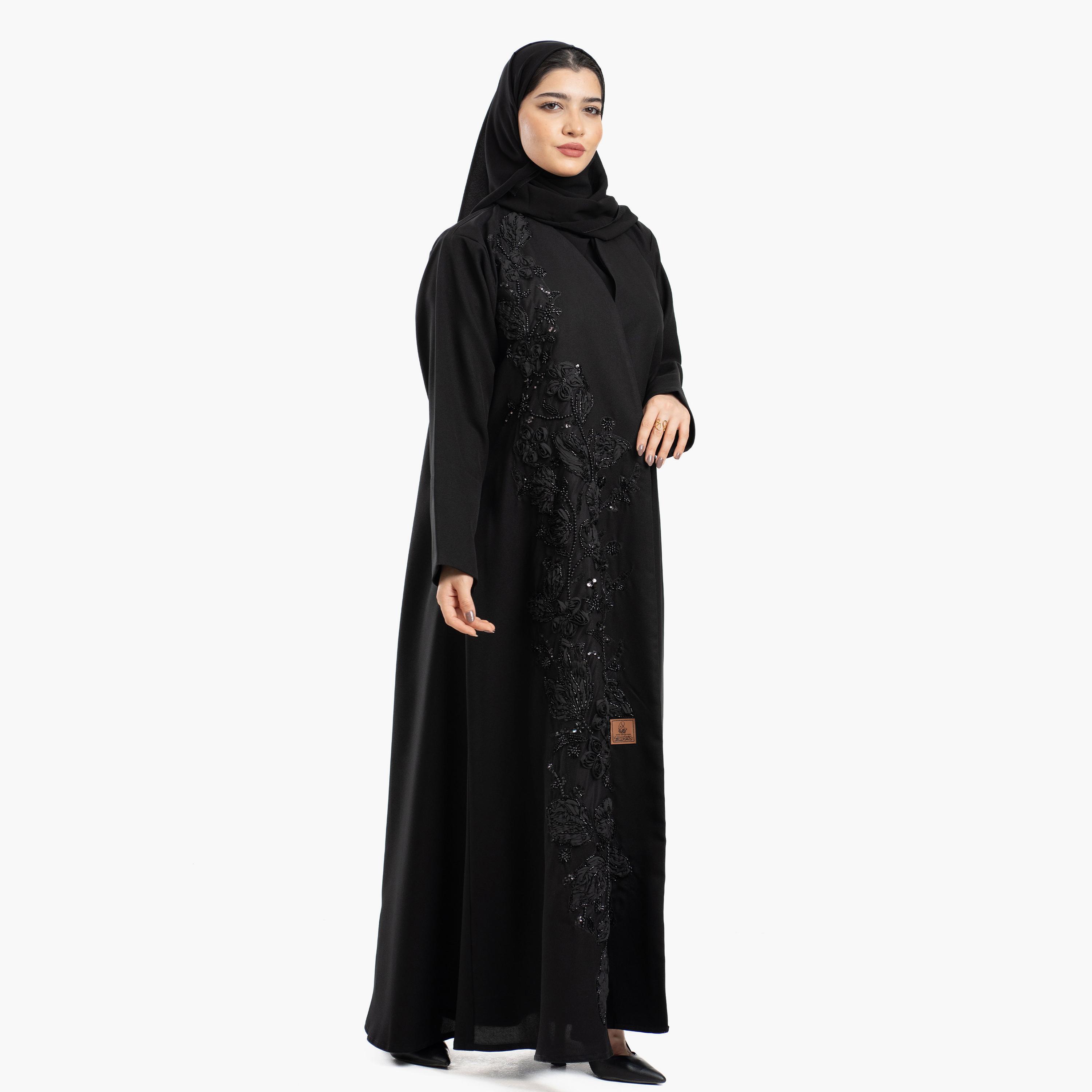 عباية نسائية باللون الأسود مزينة بالخرز والورود مع طرحة من زاهية-women-arabicclothing-abayas-image-4
