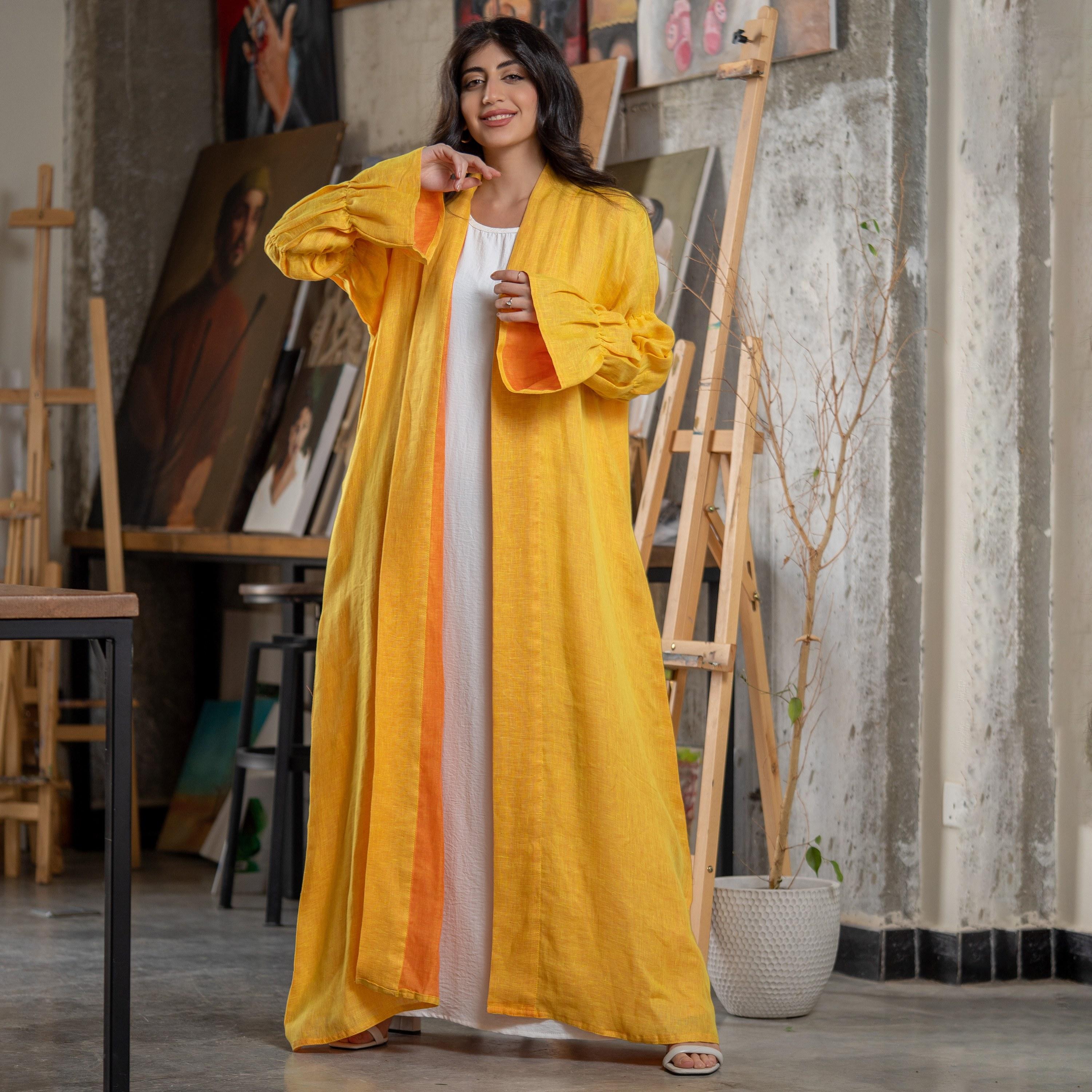 Gheed Yellow Textured Open Front Neck Gathered Bell Sleeves Linen Women's Abaya with Hijab-women-arabicclothing-abayas-image-1
