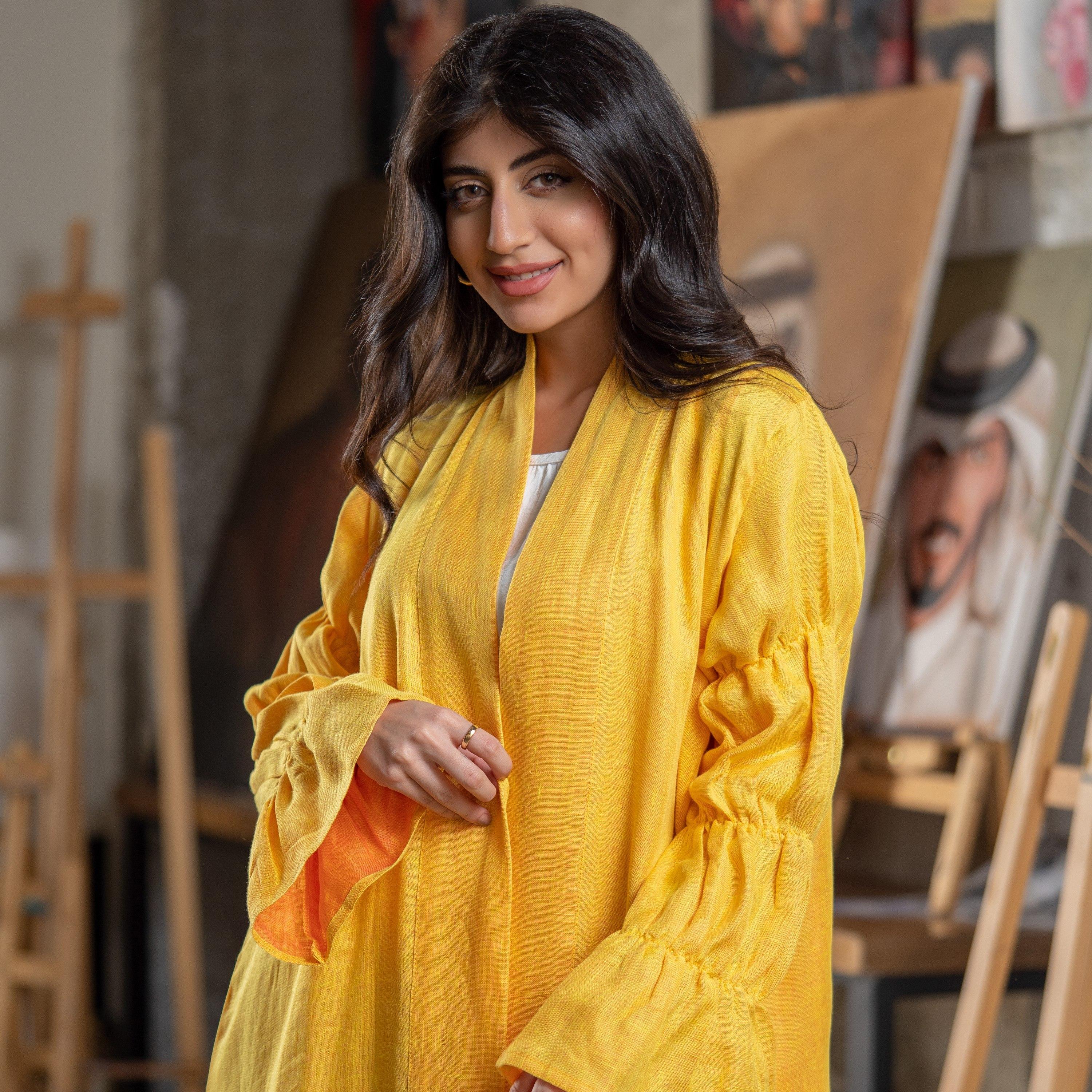 Gheed Yellow Textured Open Front Neck Gathered Bell Sleeves Linen Women's Abaya with Hijab-women-arabicclothing-abayas-image-2
