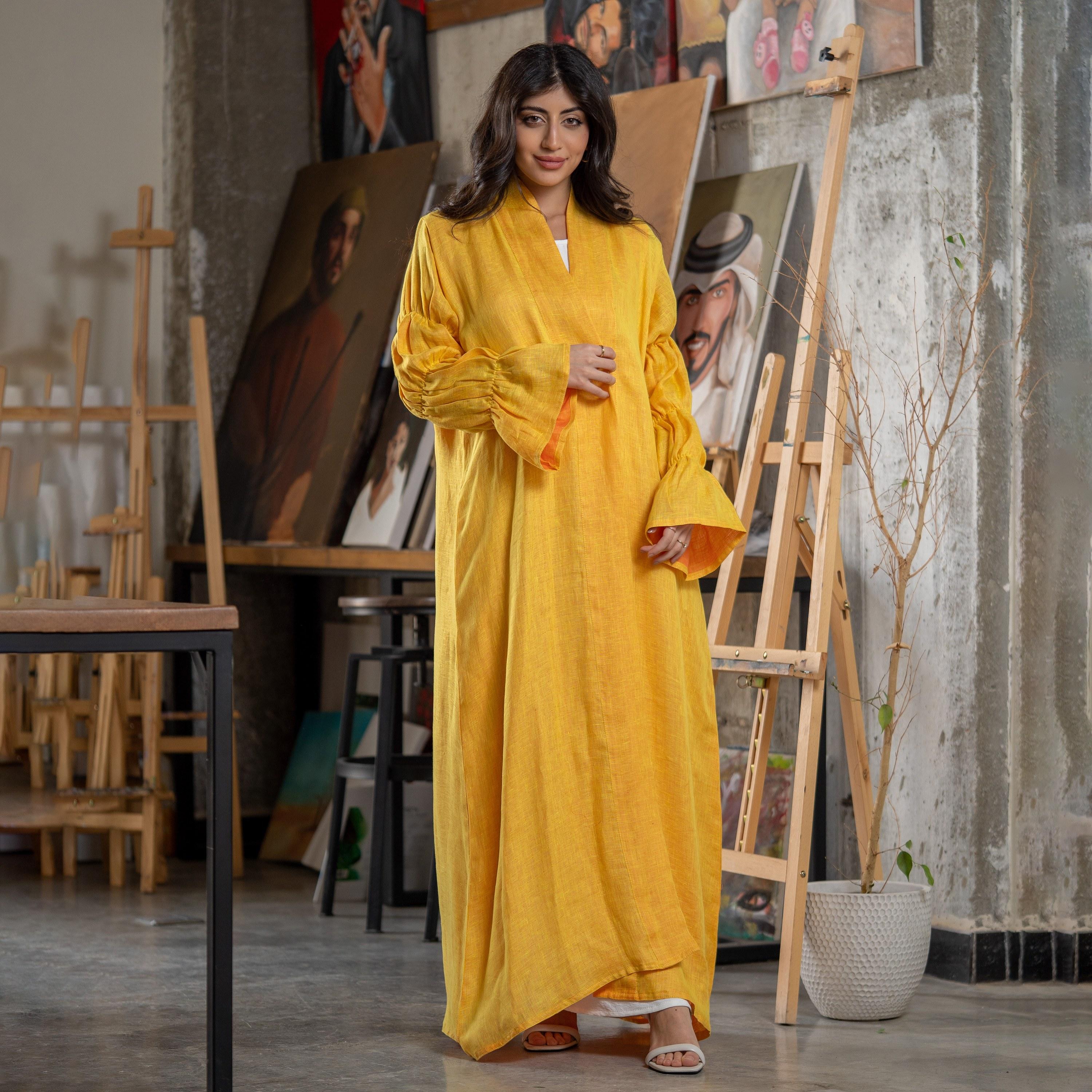 Gheed Yellow Textured Open Front Neck Gathered Bell Sleeves Linen Women's Abaya with Hijab-women-arabicclothing-abayas-image-3