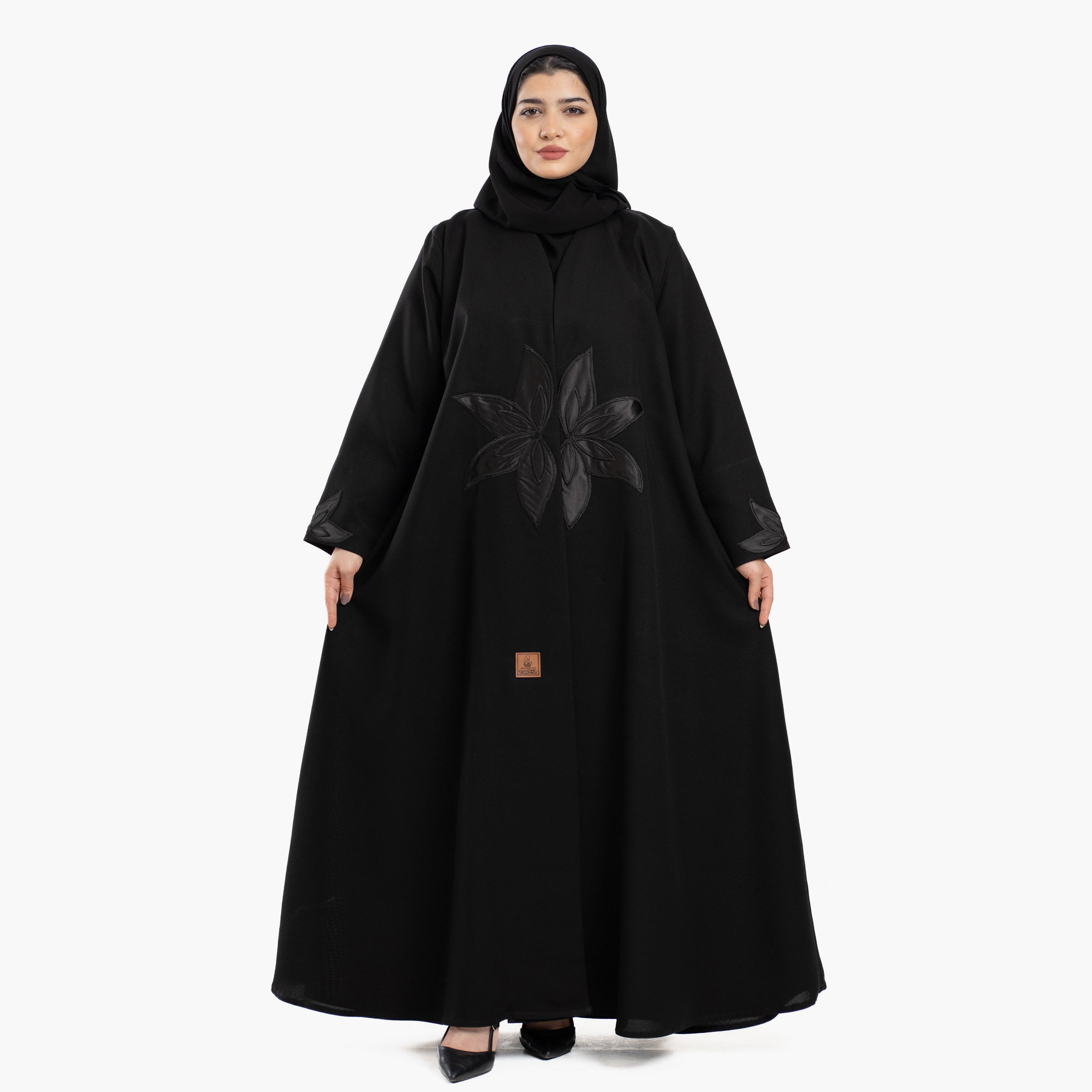 Zahiyh Black Applique Floral Embroidered Women's Abaya with Tarha-women-arabicclothing-abayas-image-1
