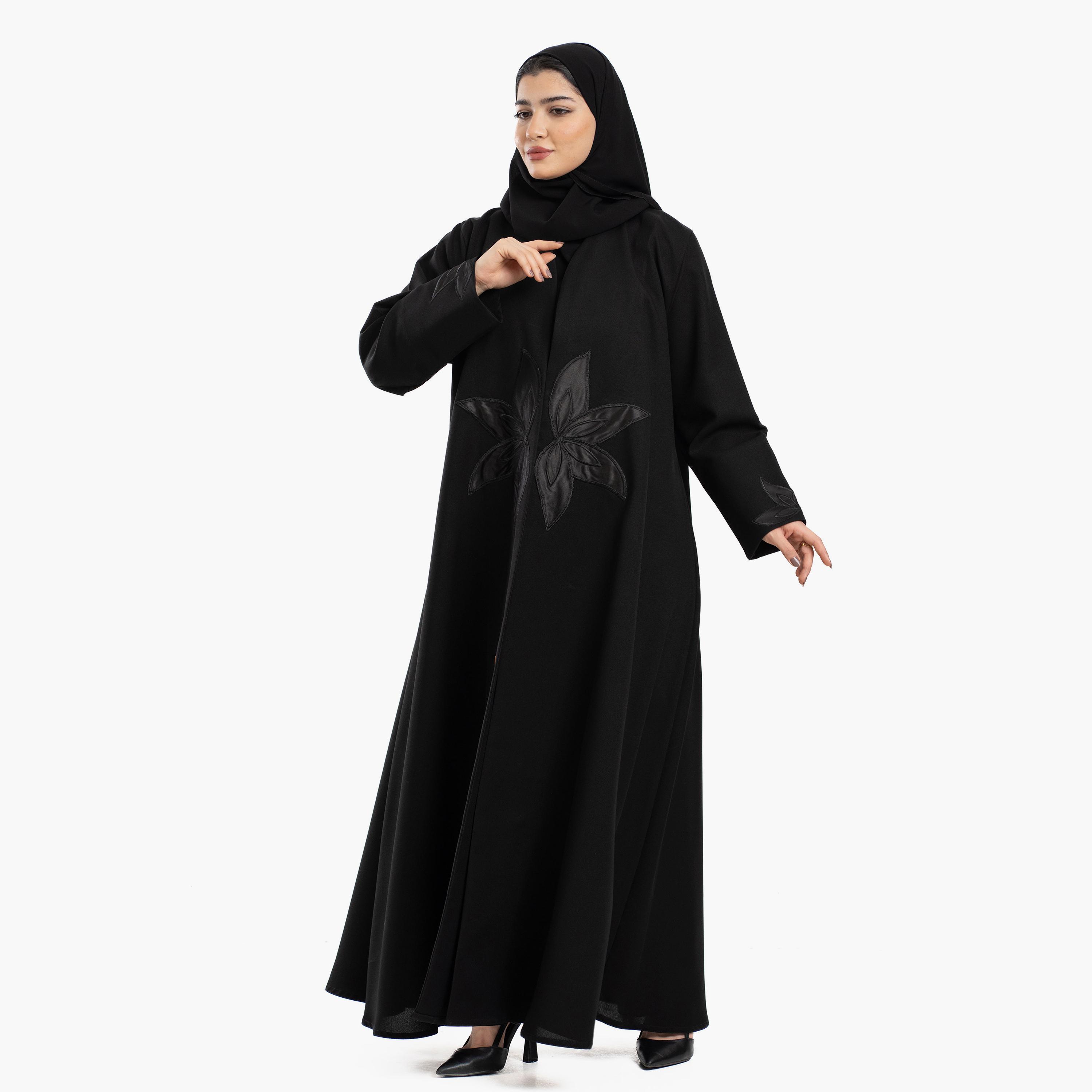 Zahiyh Black Applique Floral Embroidered Women's Abaya with Tarha-women-arabicclothing-abayas-image-2
