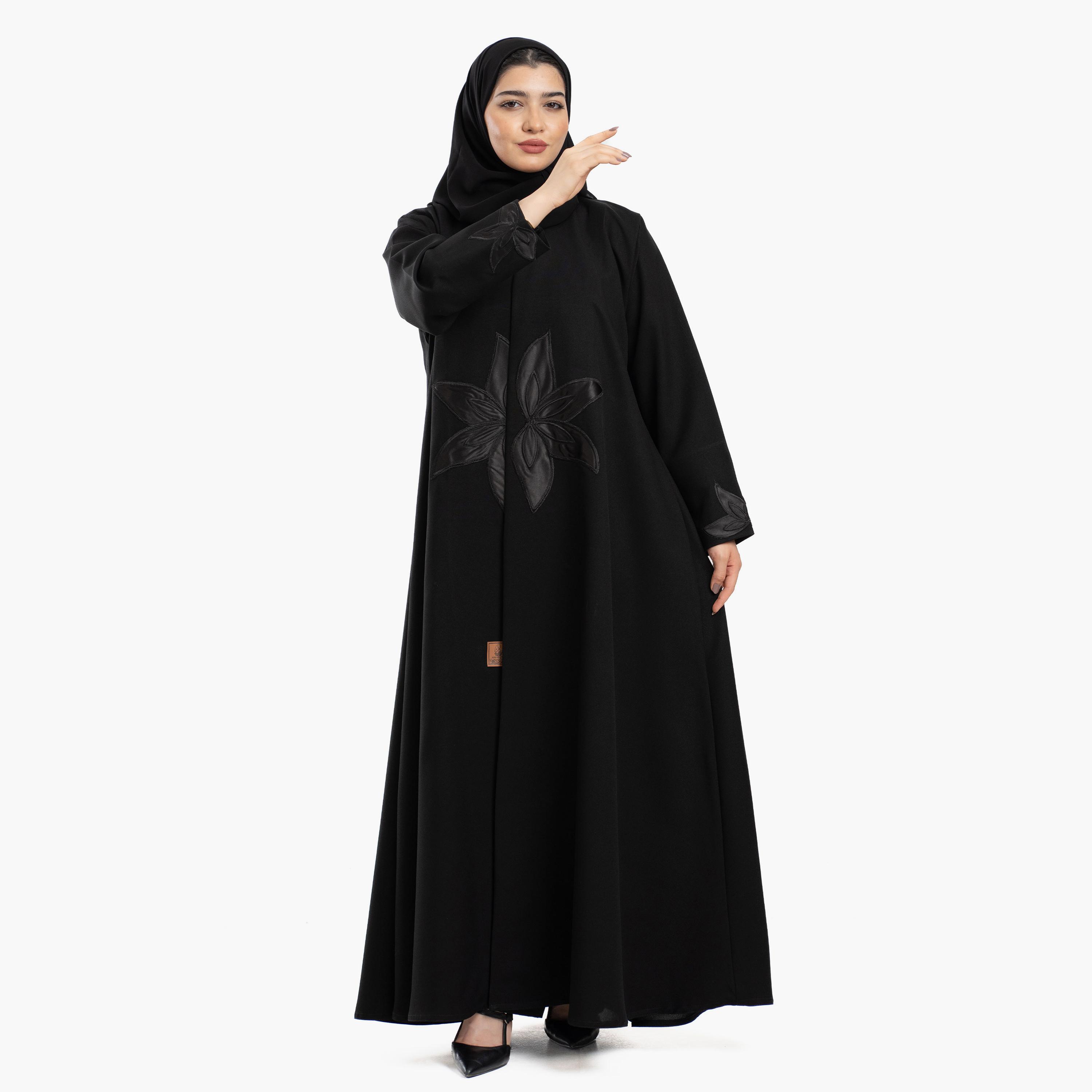 Zahiyh Black Applique Floral Embroidered Women's Abaya with Tarha-women-arabicclothing-abayas-image-3