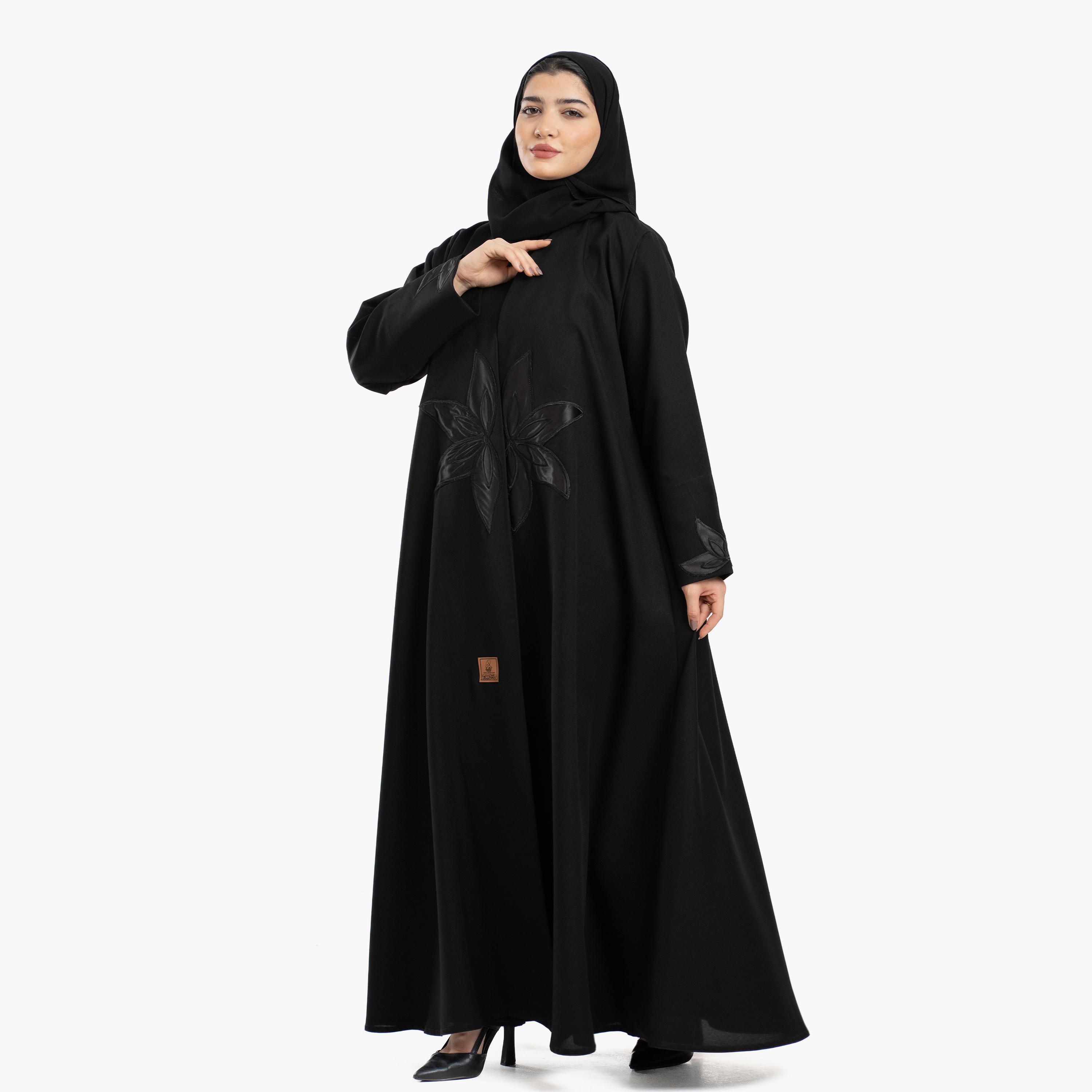 Zahiyh Black Applique Floral Embroidered Women's Abaya with Tarha-women-arabicclothing-abayas-image-4