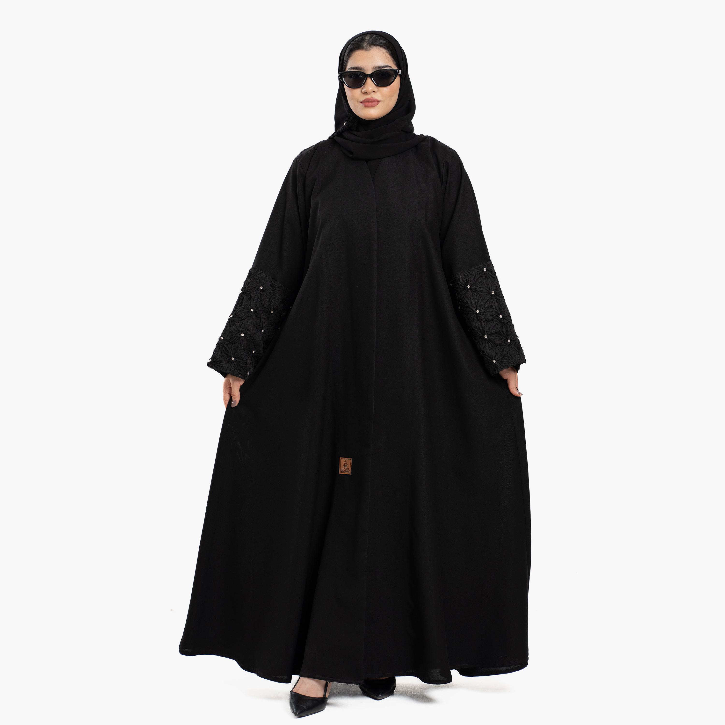 عباية نسائية باللون الأسود بأكمام واسعة مزينة مع طرحة من زاهية-women-arabicclothing-abayas-image-1