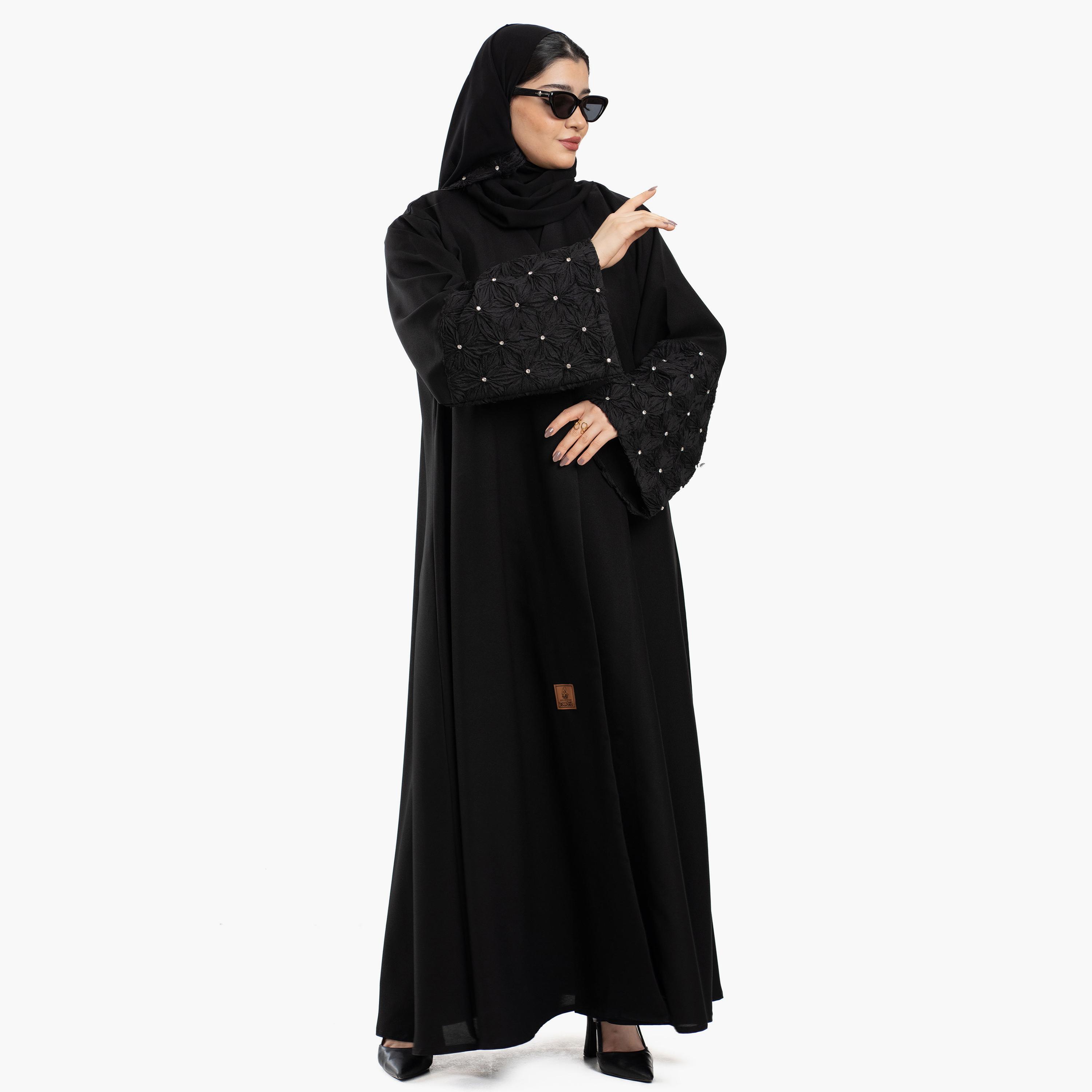 عباية نسائية باللون الأسود بأكمام واسعة مزينة مع طرحة من زاهية-women-arabicclothing-abayas-image-4