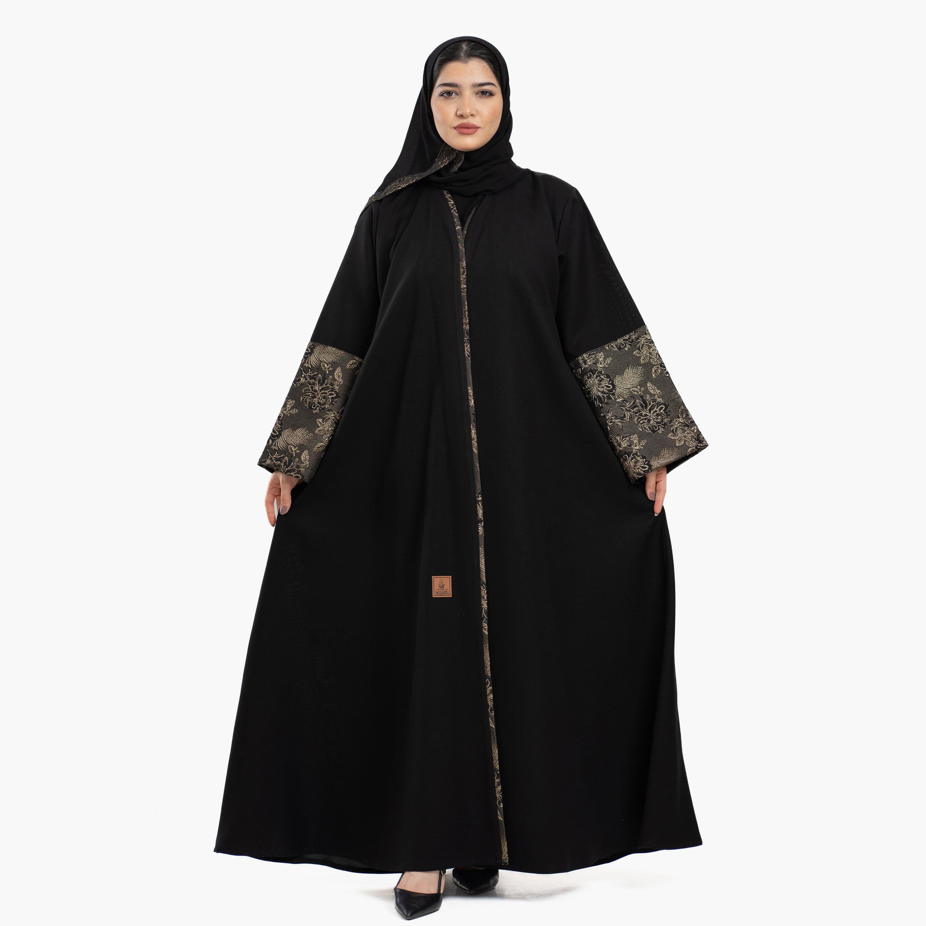 Zahiyh Black Brocade Cuff Wide Sleeves Women's Abaya with Tarha-women-arabicclothing-abayas-image-1