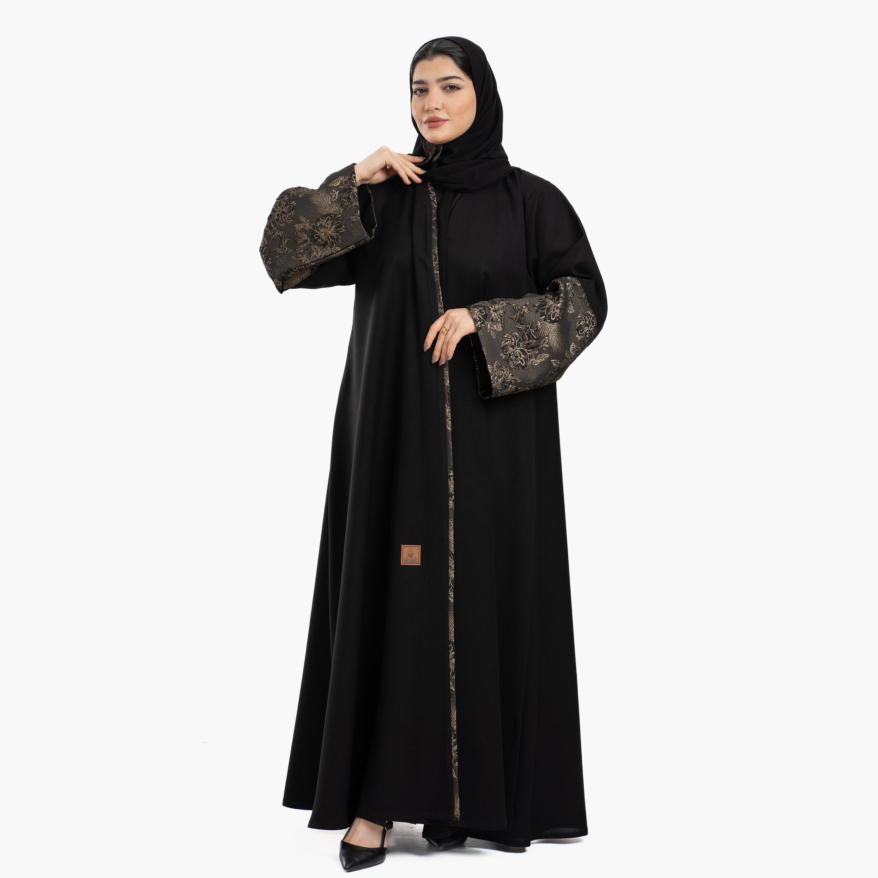 Zahiyh Black Brocade Cuff Wide Sleeves Women's Abaya with Tarha-women-arabicclothing-abayas-image-2