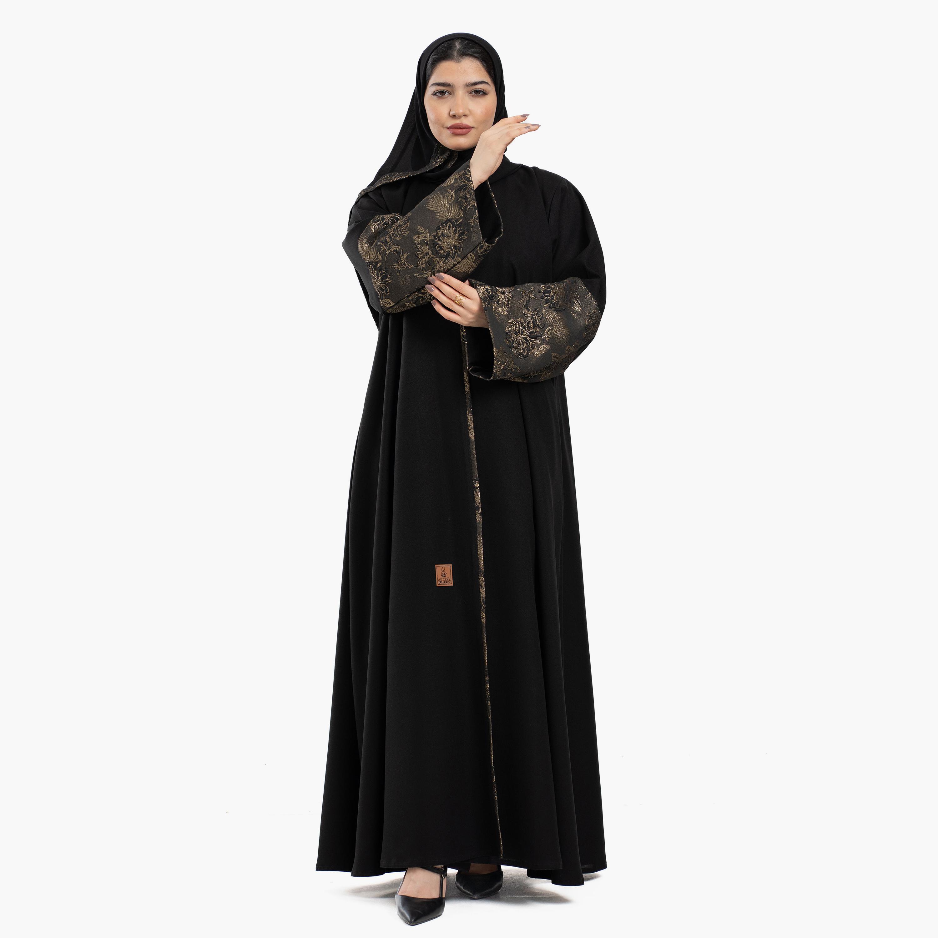 Zahiyh Black Brocade Cuff Wide Sleeves Women's Abaya with Tarha-women-arabicclothing-abayas-image-3