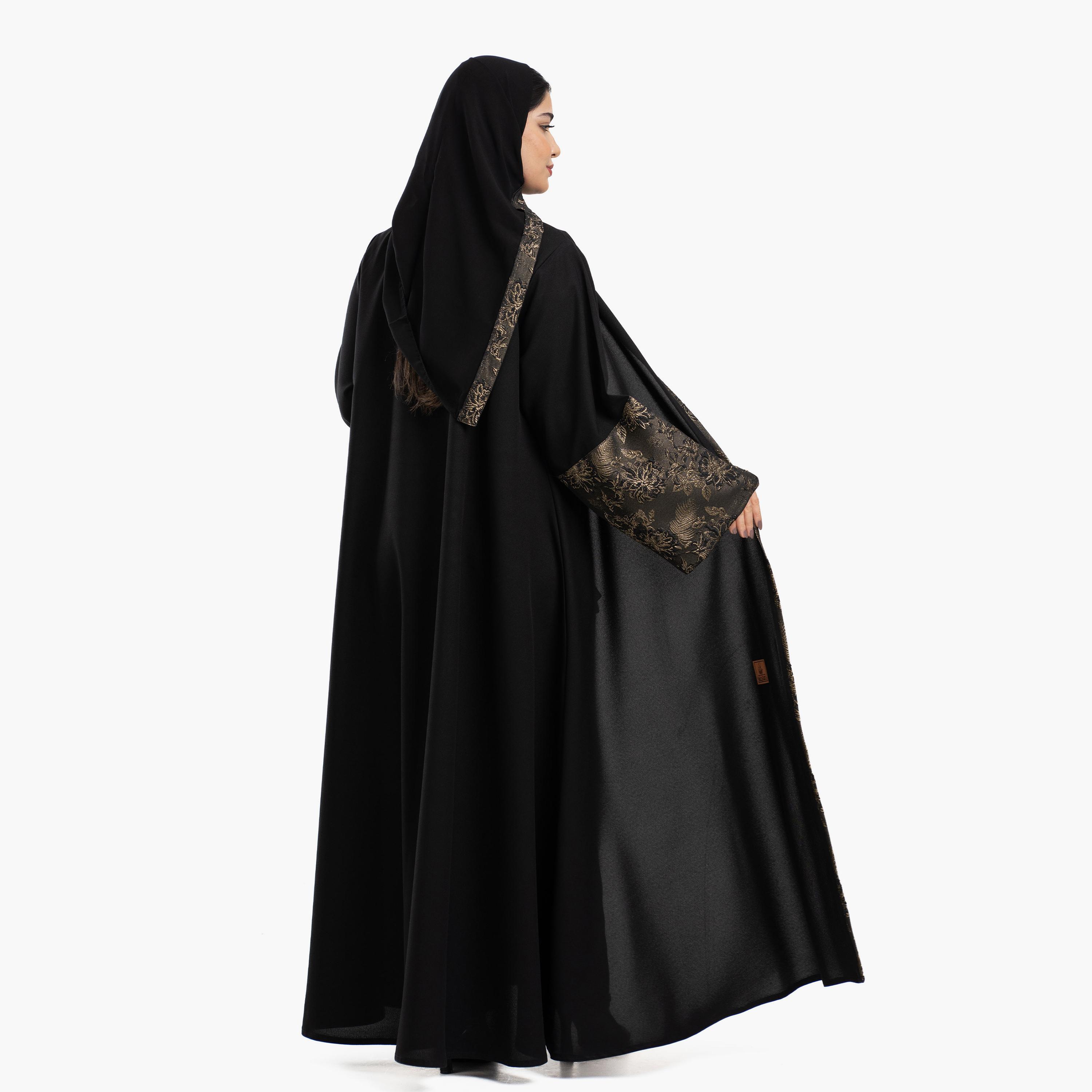 Zahiyh Black Brocade Cuff Wide Sleeves Women's Abaya with Tarha-women-arabicclothing-abayas-image-4