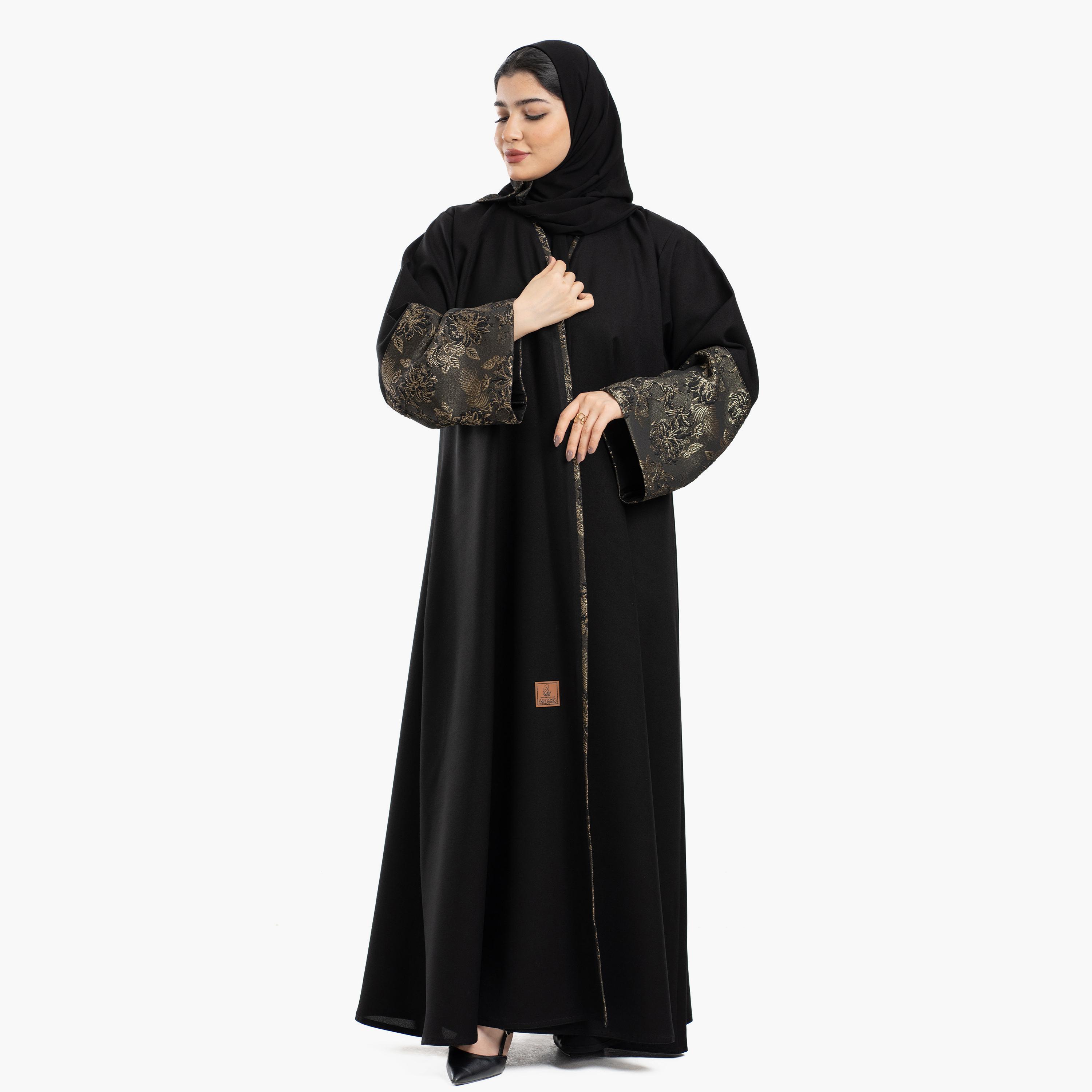 Zahiyh Black Brocade Cuff Wide Sleeves Women's Abaya with Tarha-women-arabicclothing-abayas-image-5
