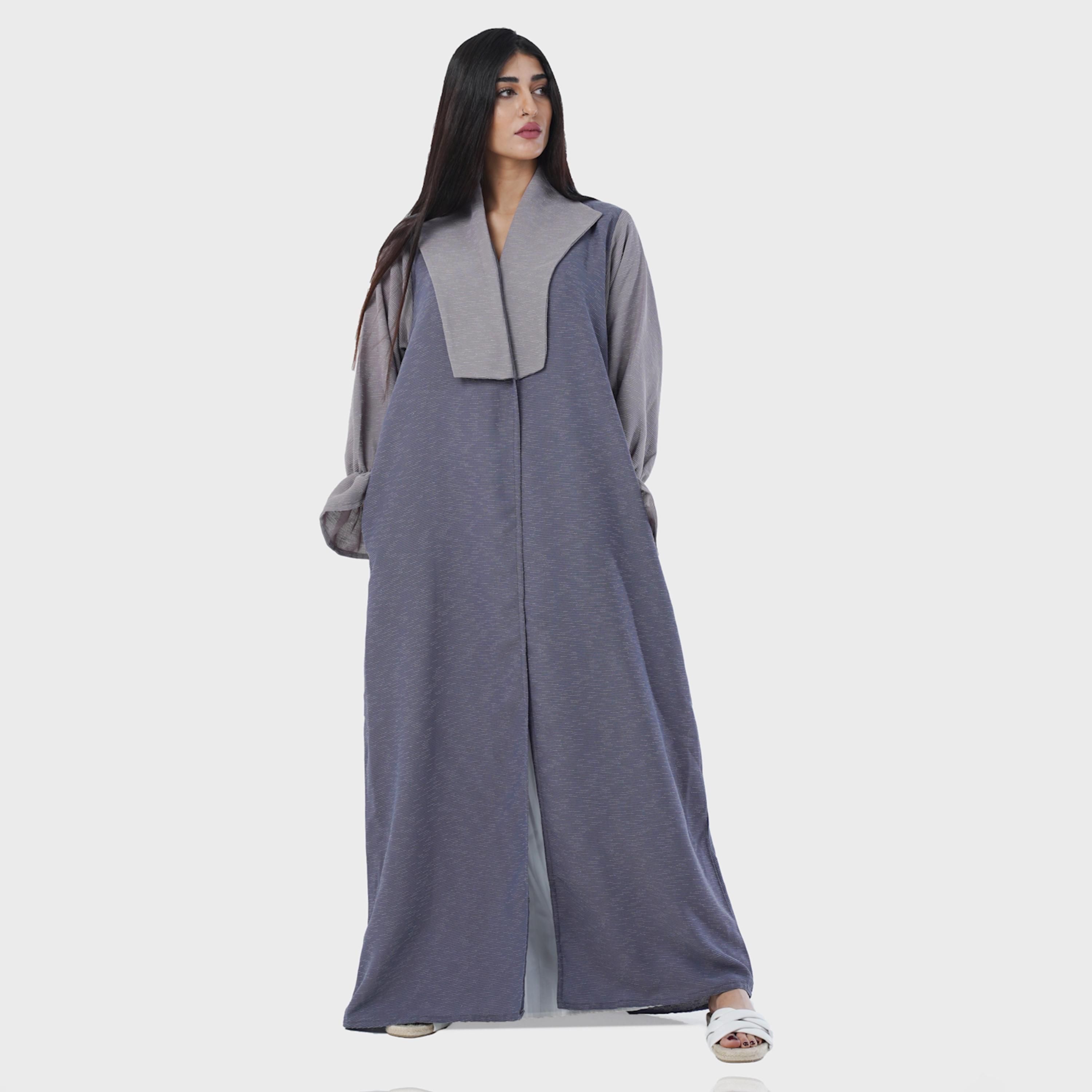 Gheed Blue and Grey Textured Lapel Collared Elastic Cuff Sleeves Soft Crepe Women's Abaya with Hijab-women-arabicclothing-abayas-image-1