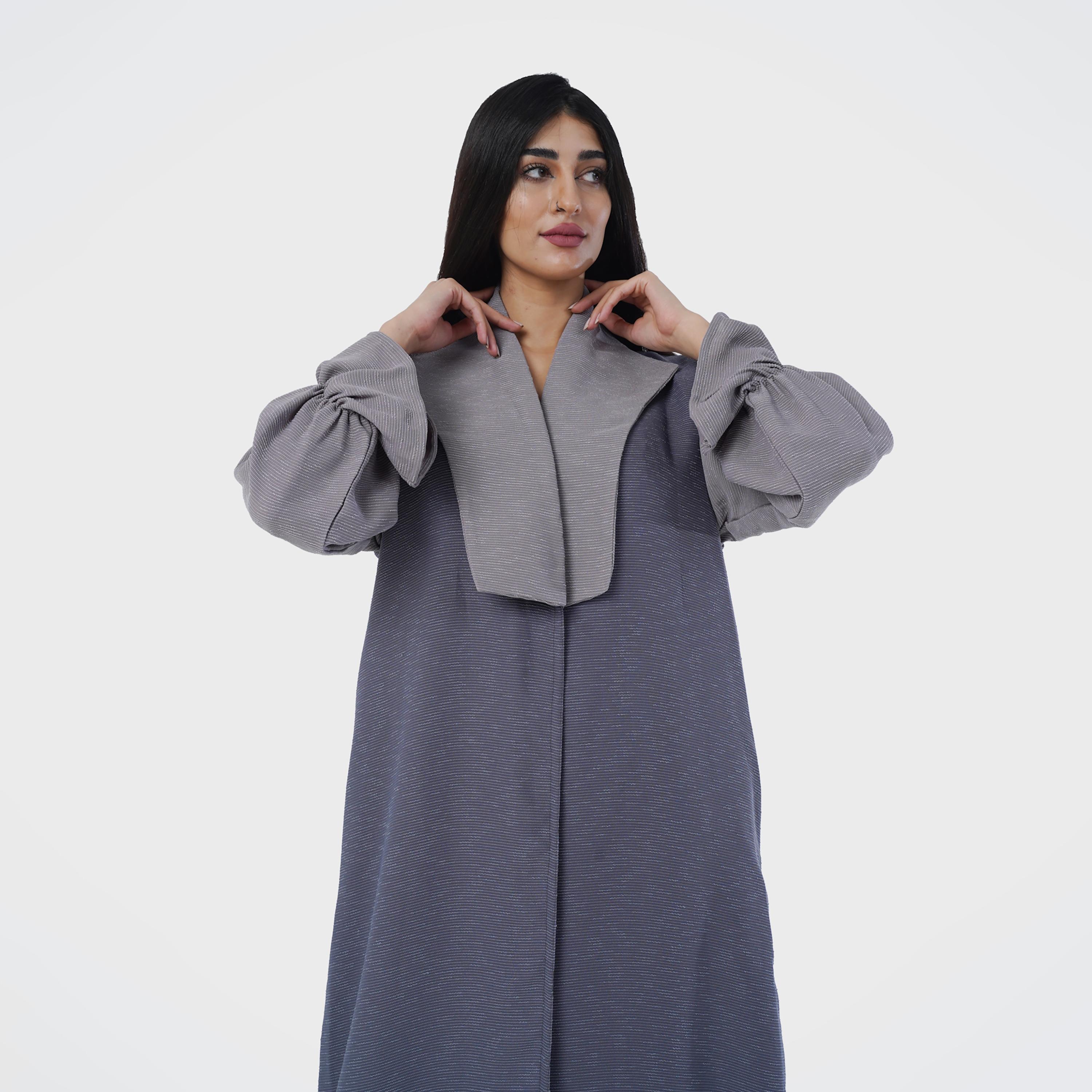 Gheed Blue and Grey Textured Lapel Collared Elastic Cuff Sleeves Soft Crepe Women's Abaya with Hijab-women-arabicclothing-abayas-image-2