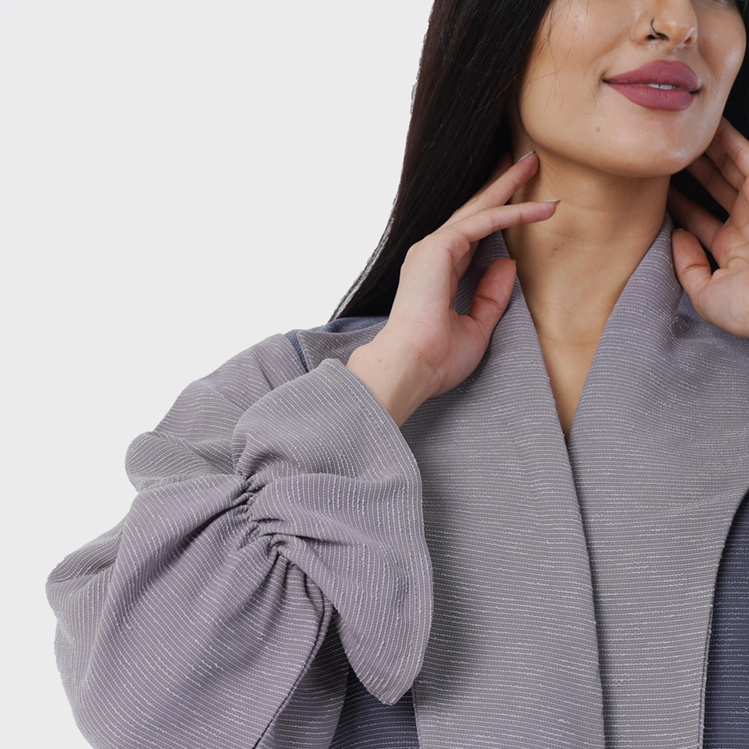 Gheed Blue and Grey Textured Lapel Collared Elastic Cuff Sleeves Soft Crepe Women's Abaya with Hijab-women-arabicclothing-abayas-image-3