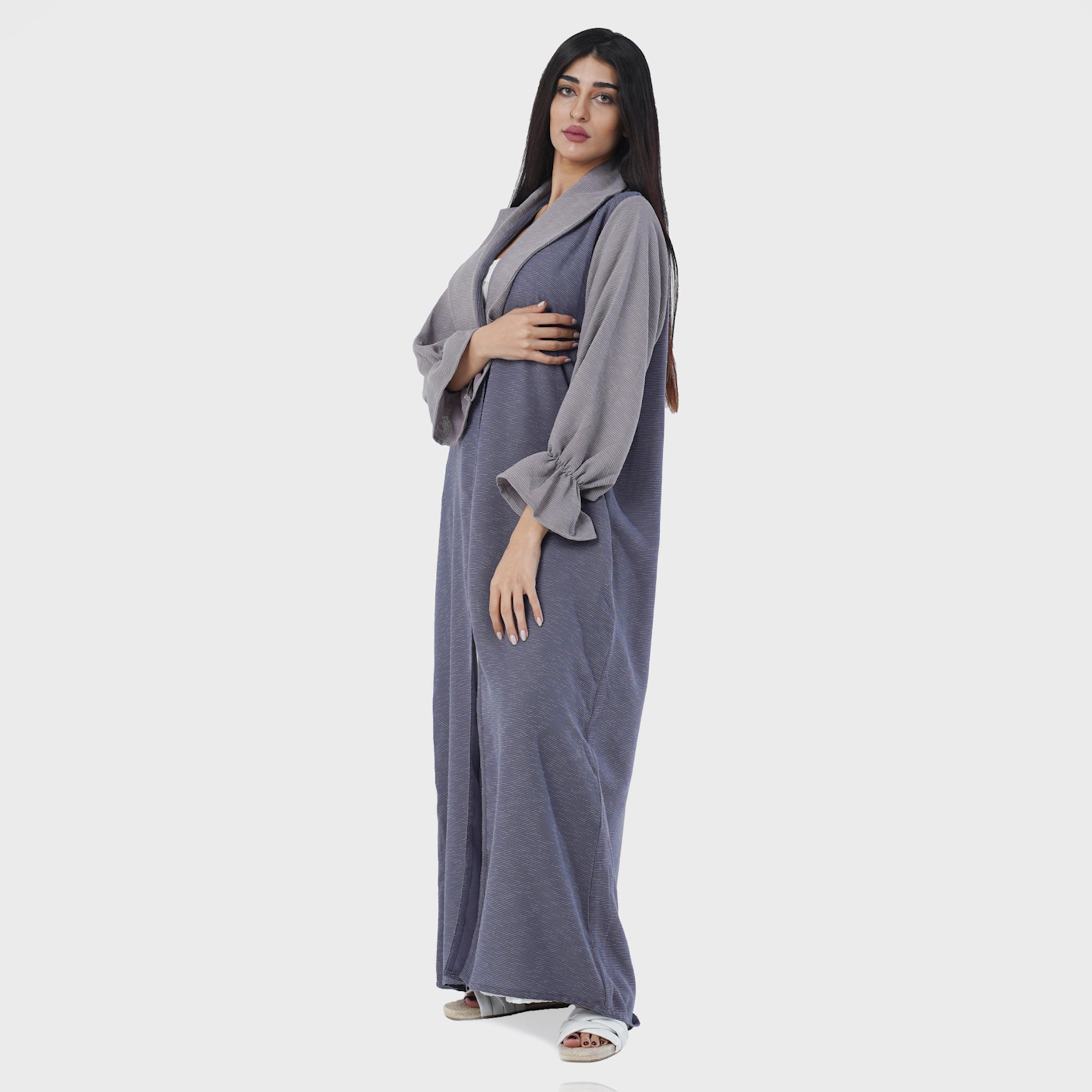 Gheed Blue and Grey Textured Lapel Collared Elastic Cuff Sleeves Soft Crepe Women's Abaya with Hijab-women-arabicclothing-abayas-image-4