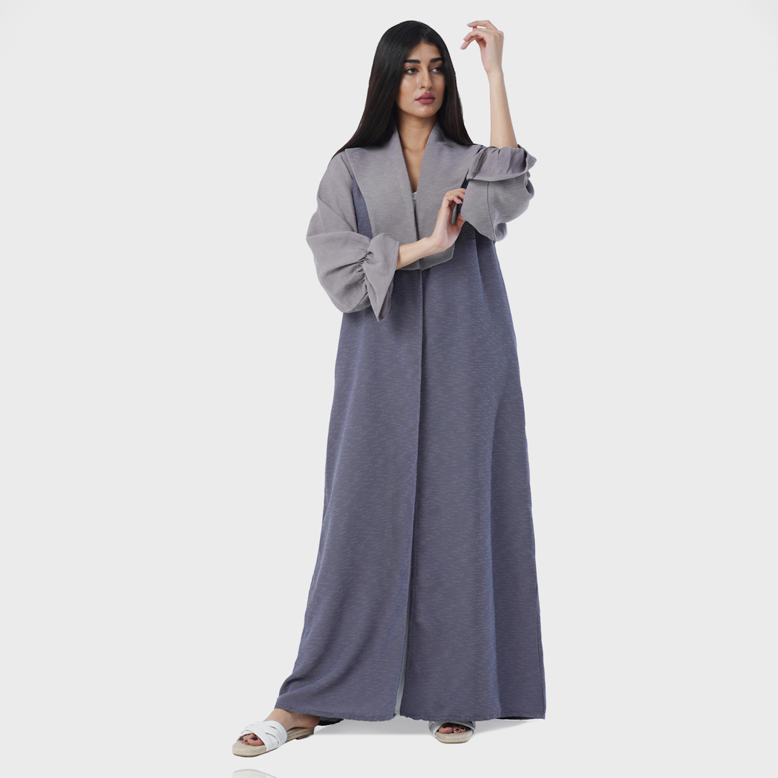 Gheed Blue and Grey Textured Lapel Collared Elastic Cuff Sleeves Soft Crepe Women's Abaya with Hijab-women-arabicclothing-abayas-image-5