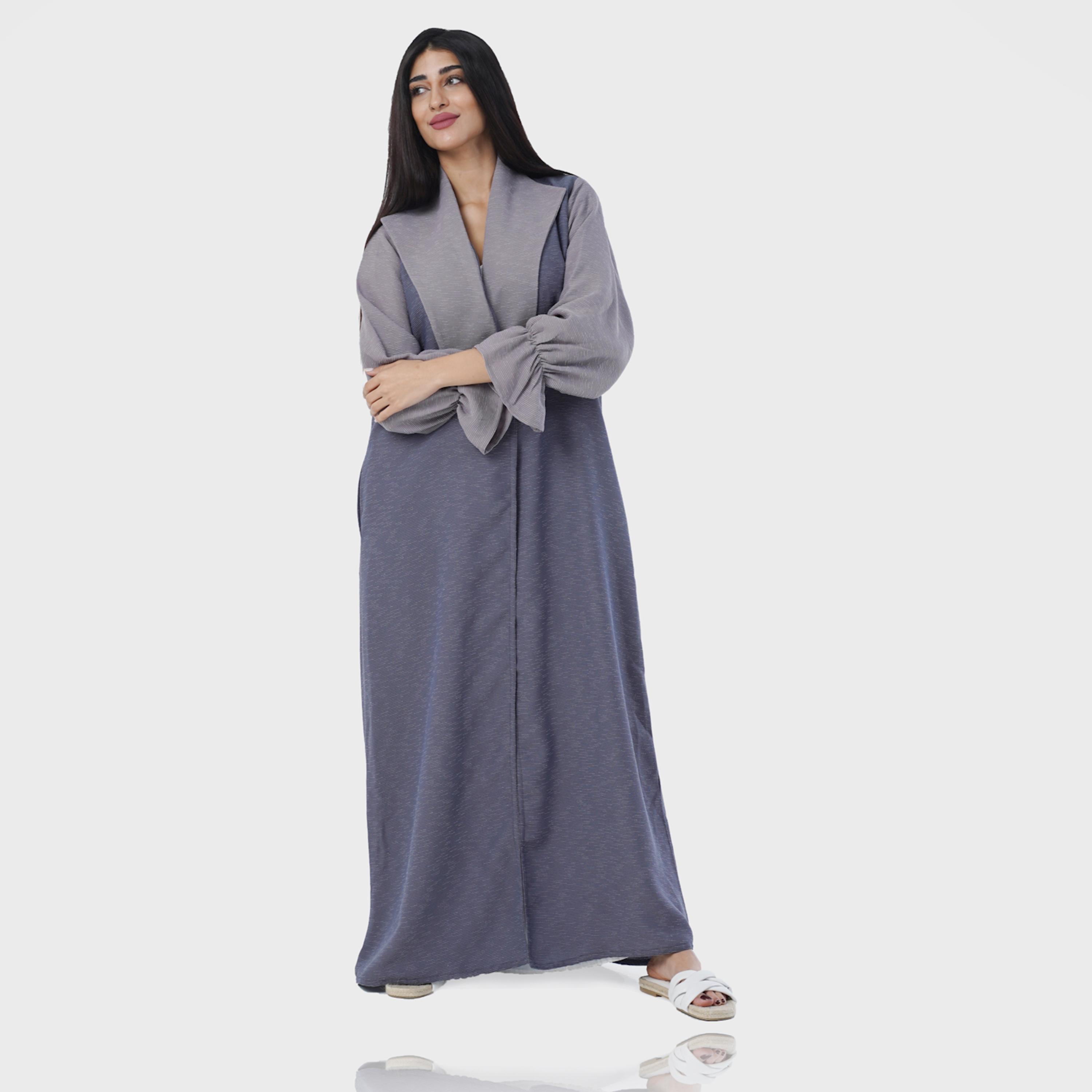 Gheed Blue and Grey Textured Lapel Collared Elastic Cuff Sleeves Soft Crepe Women's Abaya with Hijab-women-arabicclothing-abayas-image-6