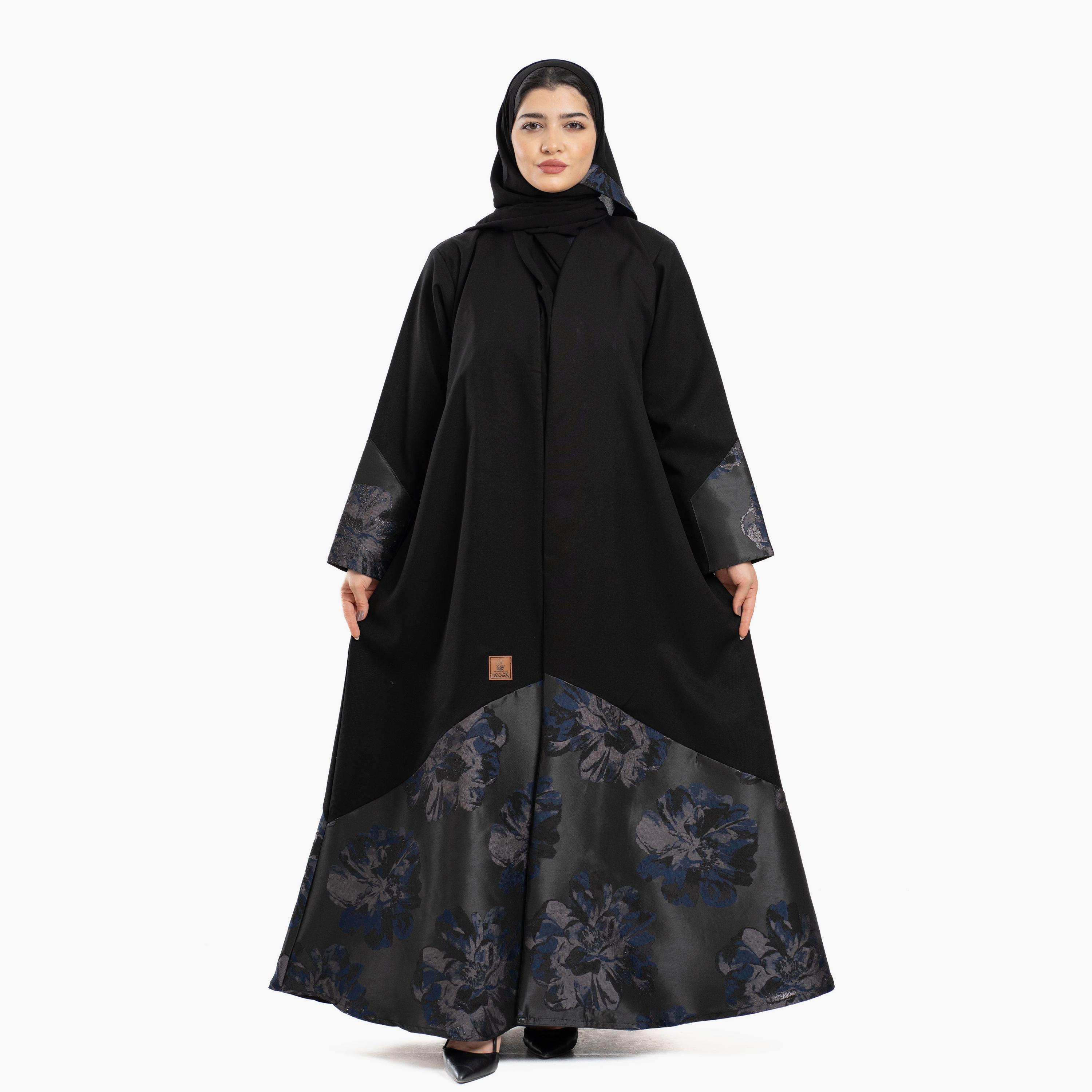 Zahiyh Black Floral Constrast Cuff Sleeves Women's Abaya with Tarha-women-arabicclothing-abayas-image-1