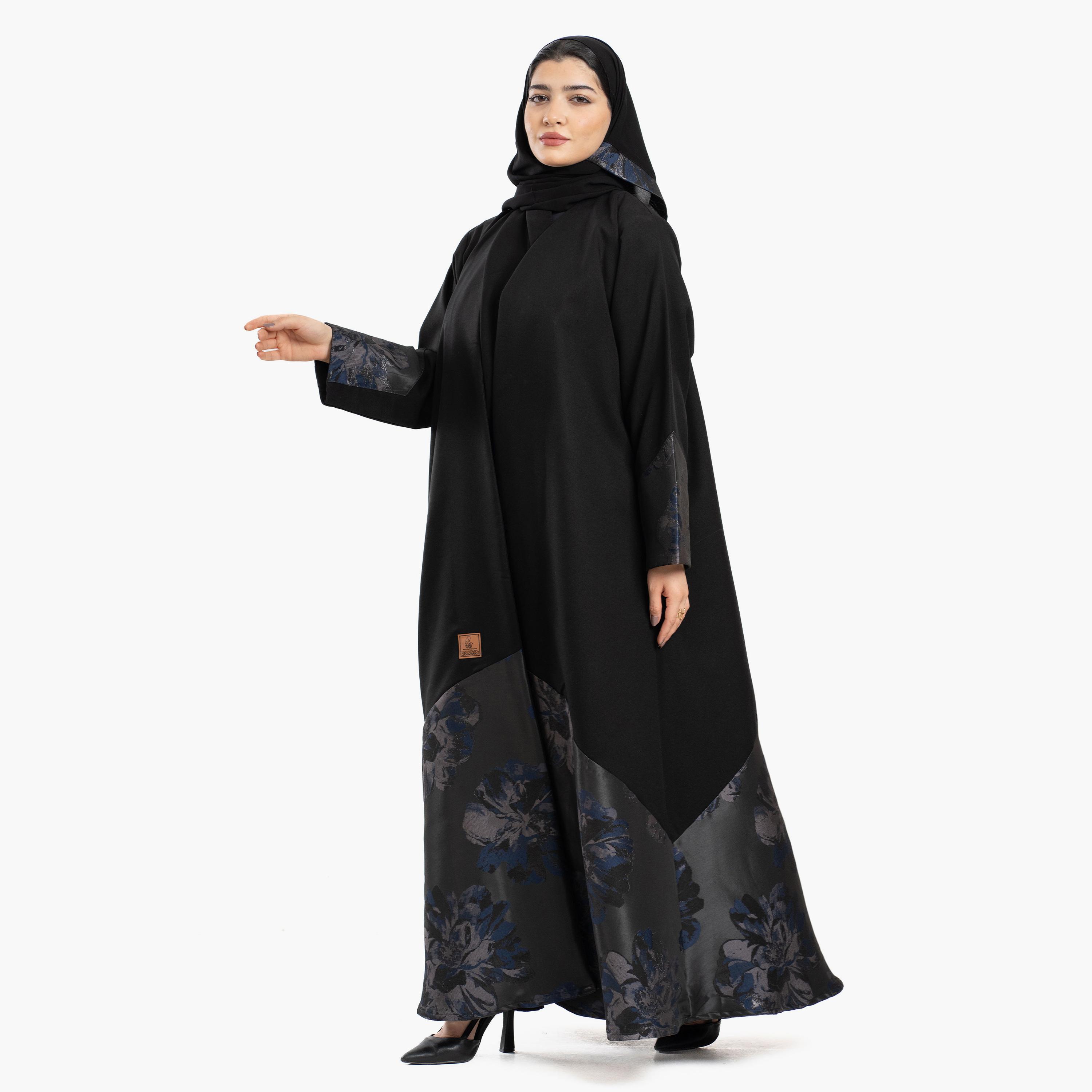 Zahiyh Black Floral Constrast Cuff Sleeves Women's Abaya with Tarha-women-arabicclothing-abayas-image-2