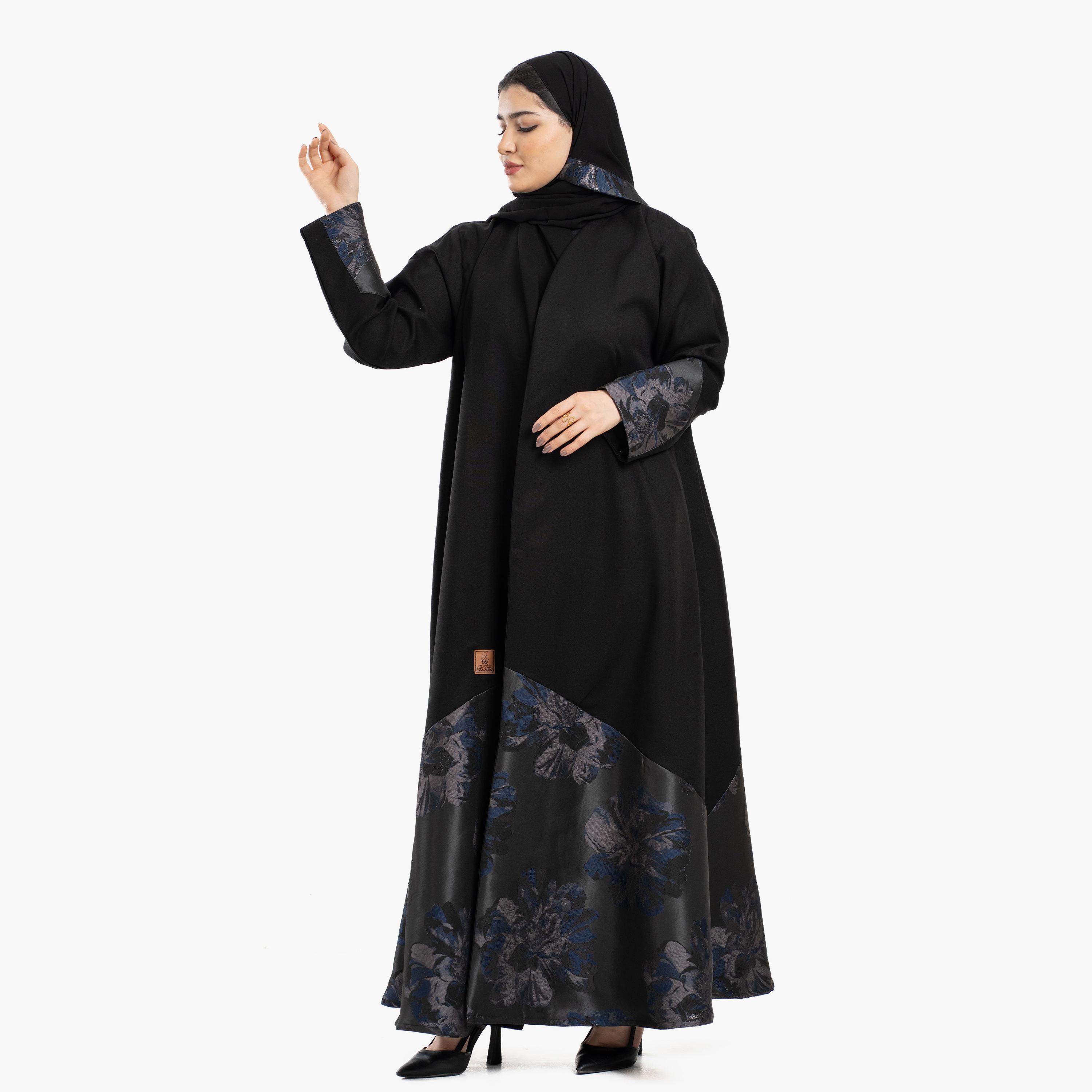 Zahiyh Black Floral Constrast Cuff Sleeves Women's Abaya with Tarha-women-arabicclothing-abayas-image-3