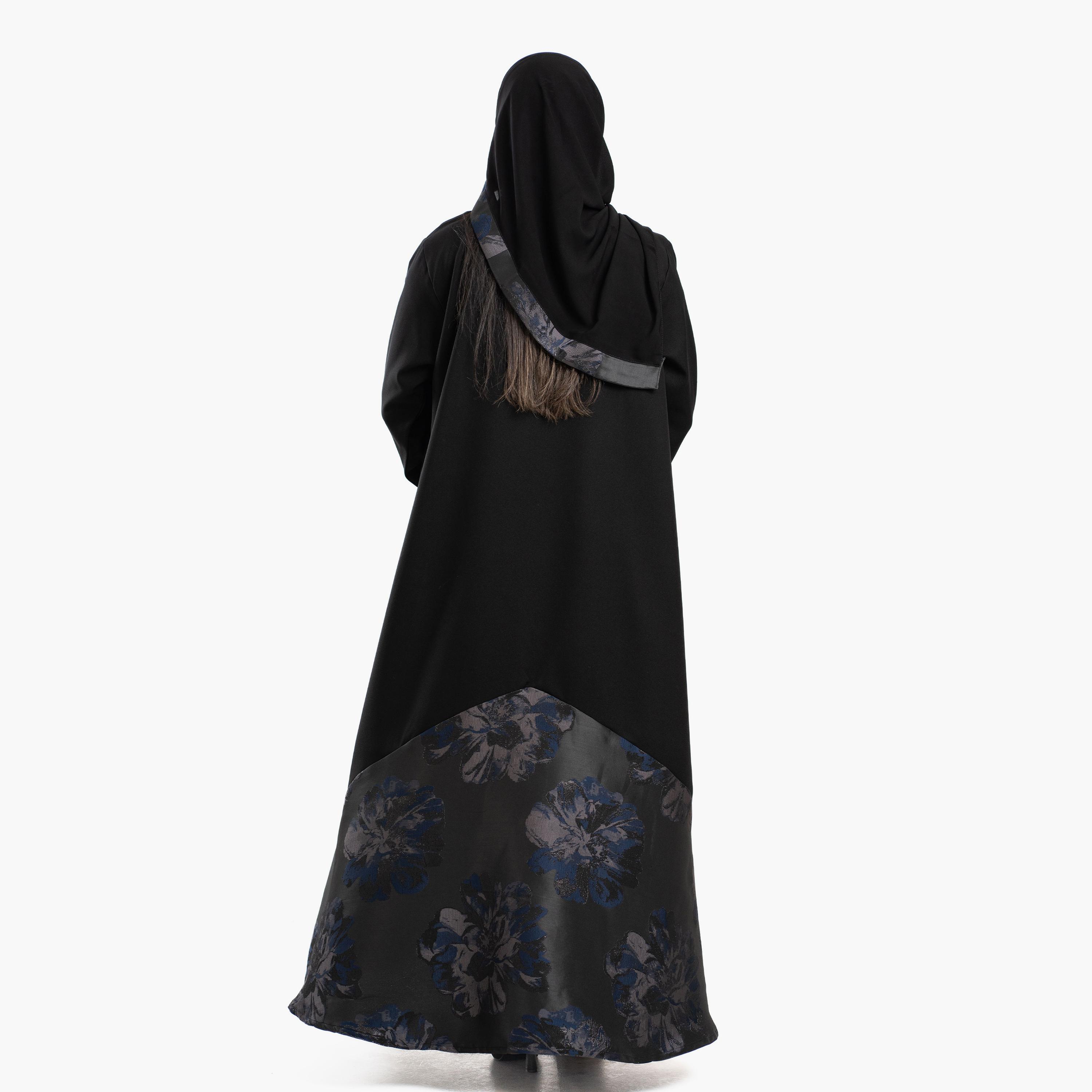 Zahiyh Black Floral Constrast Cuff Sleeves Women's Abaya with Tarha-women-arabicclothing-abayas-image-4