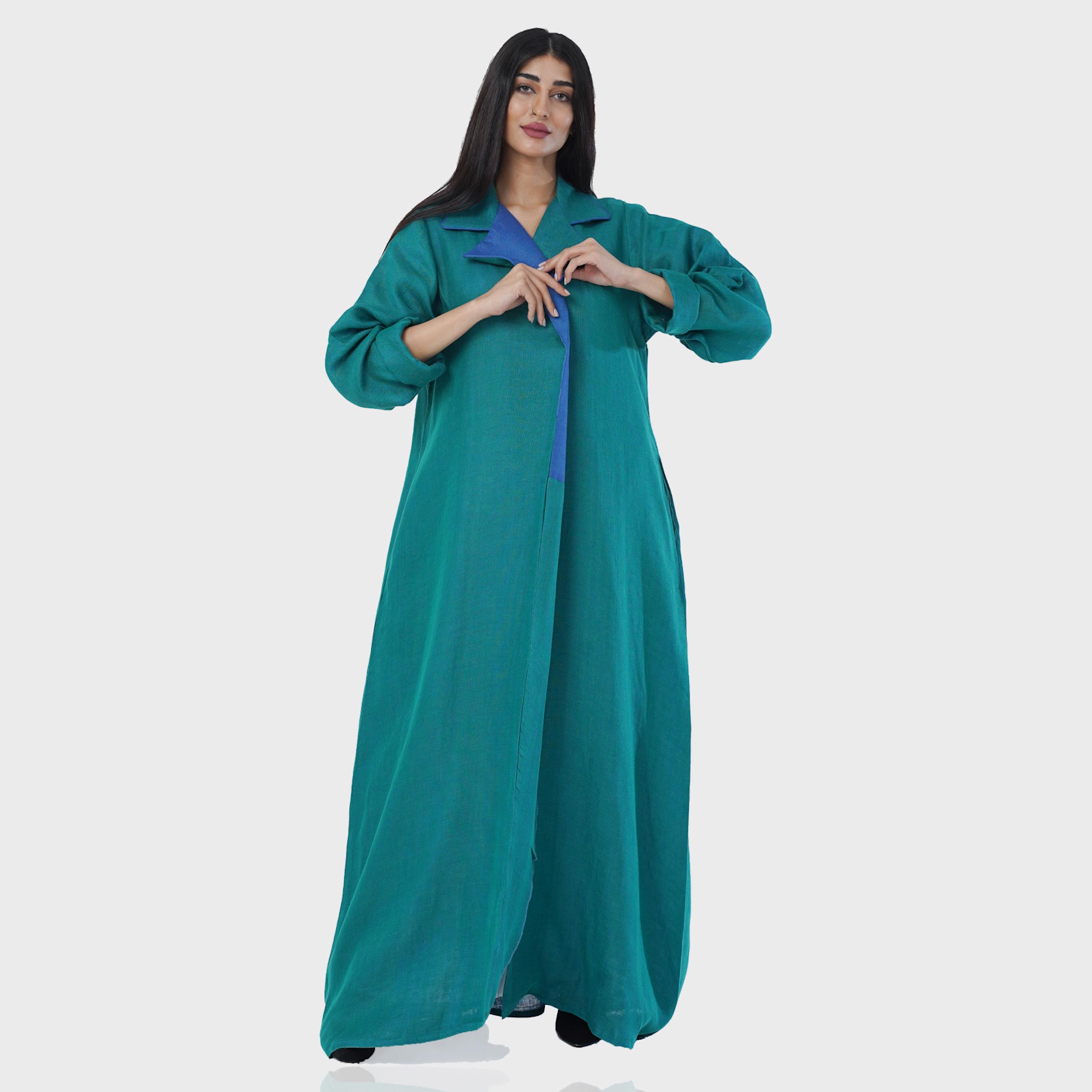 Gheed Teal Colourblock Lapel Collared Roll-Up Cuff Sleeves Linen Women's Abaya with Hijab-women-arabicclothing-abayas-image-1
