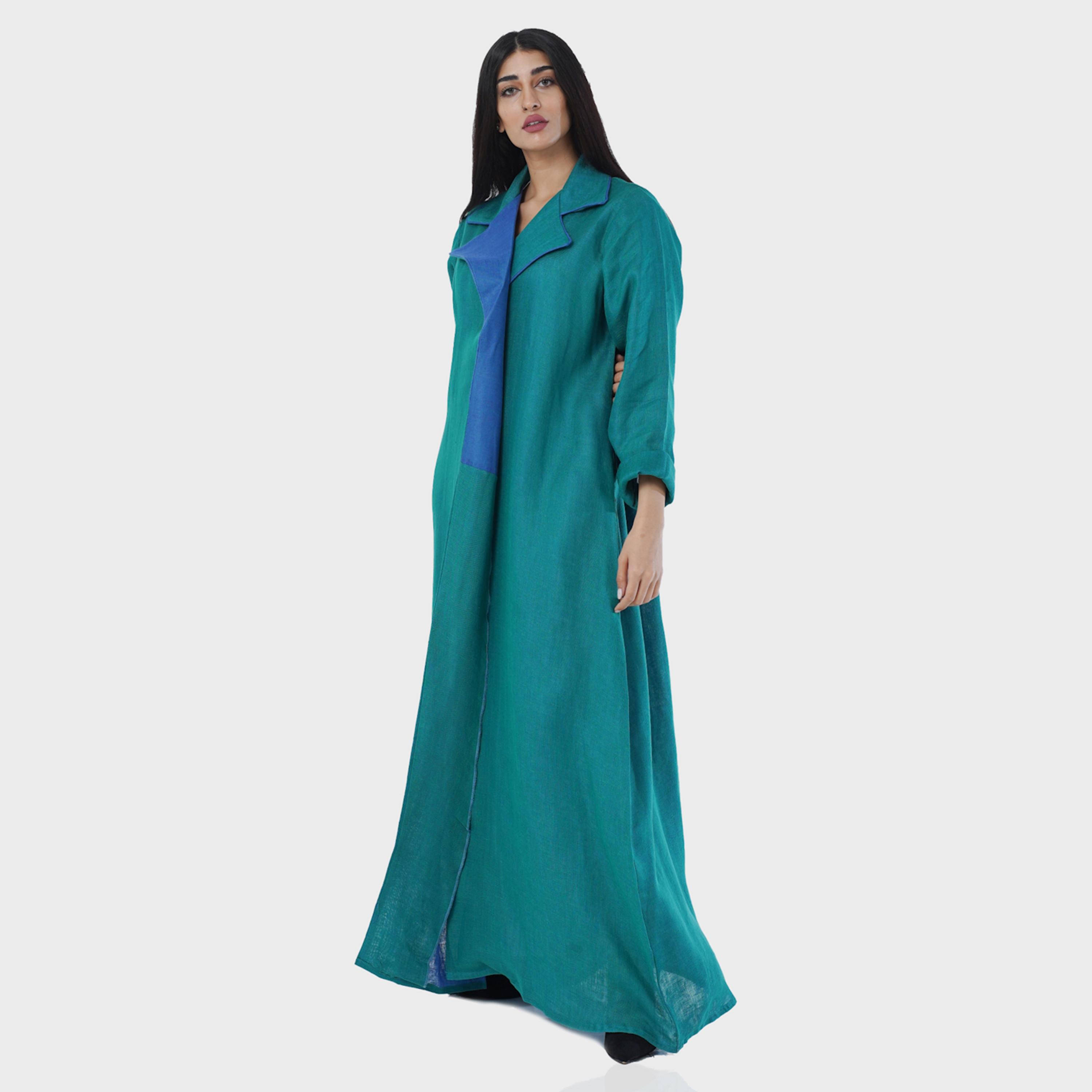 Gheed Teal Colourblock Lapel Collared Roll-Up Cuff Sleeves Linen Women's Abaya with Hijab-women-arabicclothing-abayas-image-2