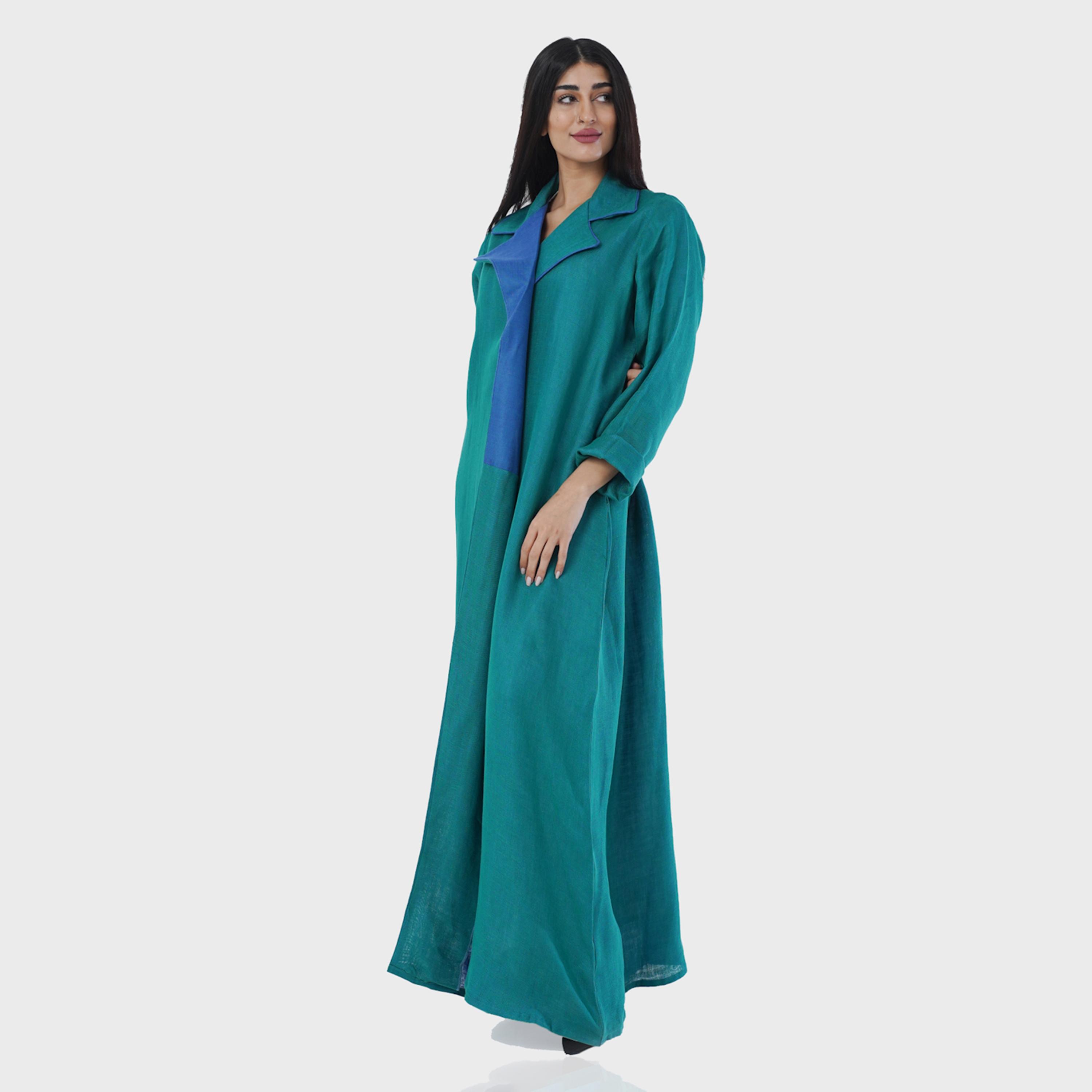 Gheed Teal Colourblock Lapel Collared Roll-Up Cuff Sleeves Linen Women's Abaya with Hijab-women-arabicclothing-abayas-image-3