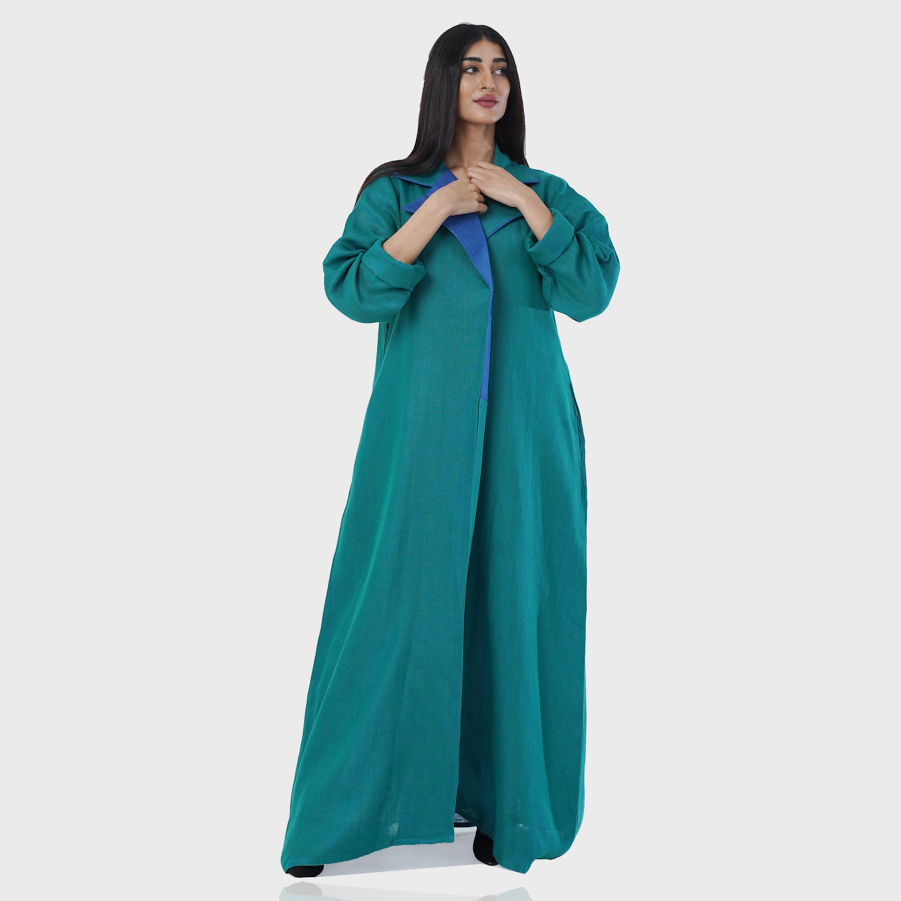 Gheed Teal Colourblock Lapel Collared Roll-Up Cuff Sleeves Linen Women's Abaya with Hijab-women-arabicclothing-abayas-image-4
