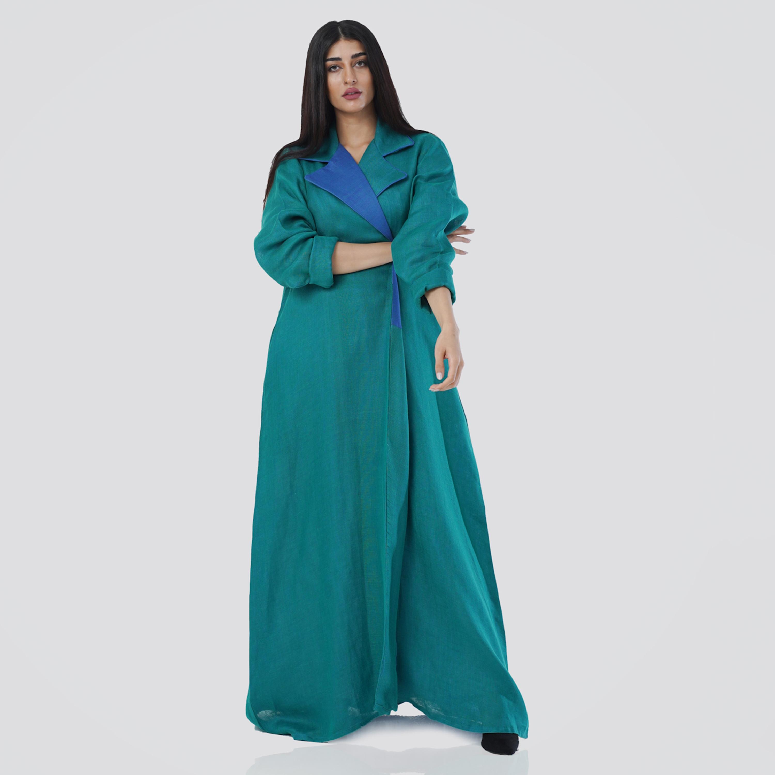 Gheed Teal Colourblock Lapel Collared Roll-Up Cuff Sleeves Linen Women's Abaya with Hijab-women-arabicclothing-abayas-image-5