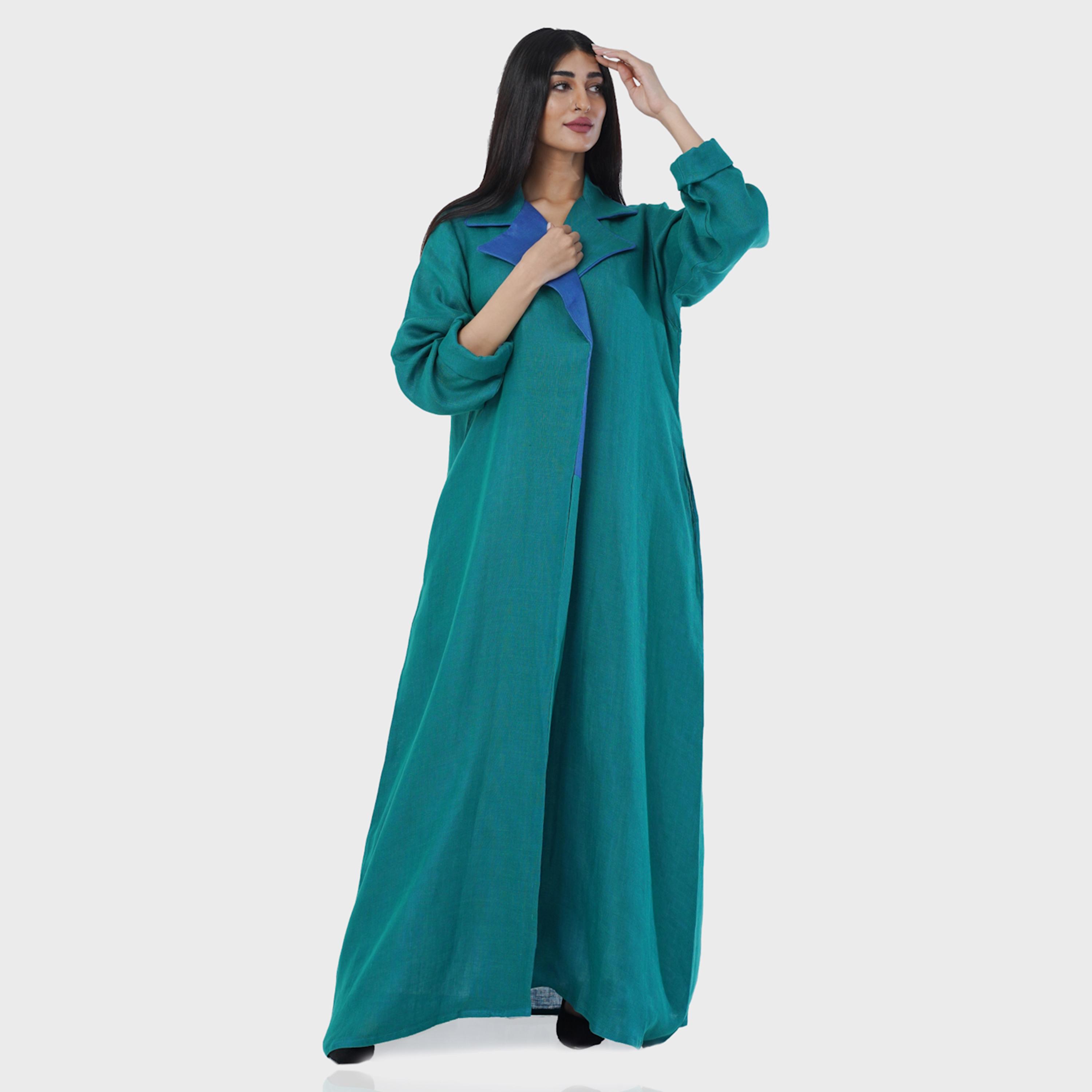 Gheed Teal Colourblock Lapel Collared Roll-Up Cuff Sleeves Linen Women's Abaya with Hijab-women-arabicclothing-abayas-image-6