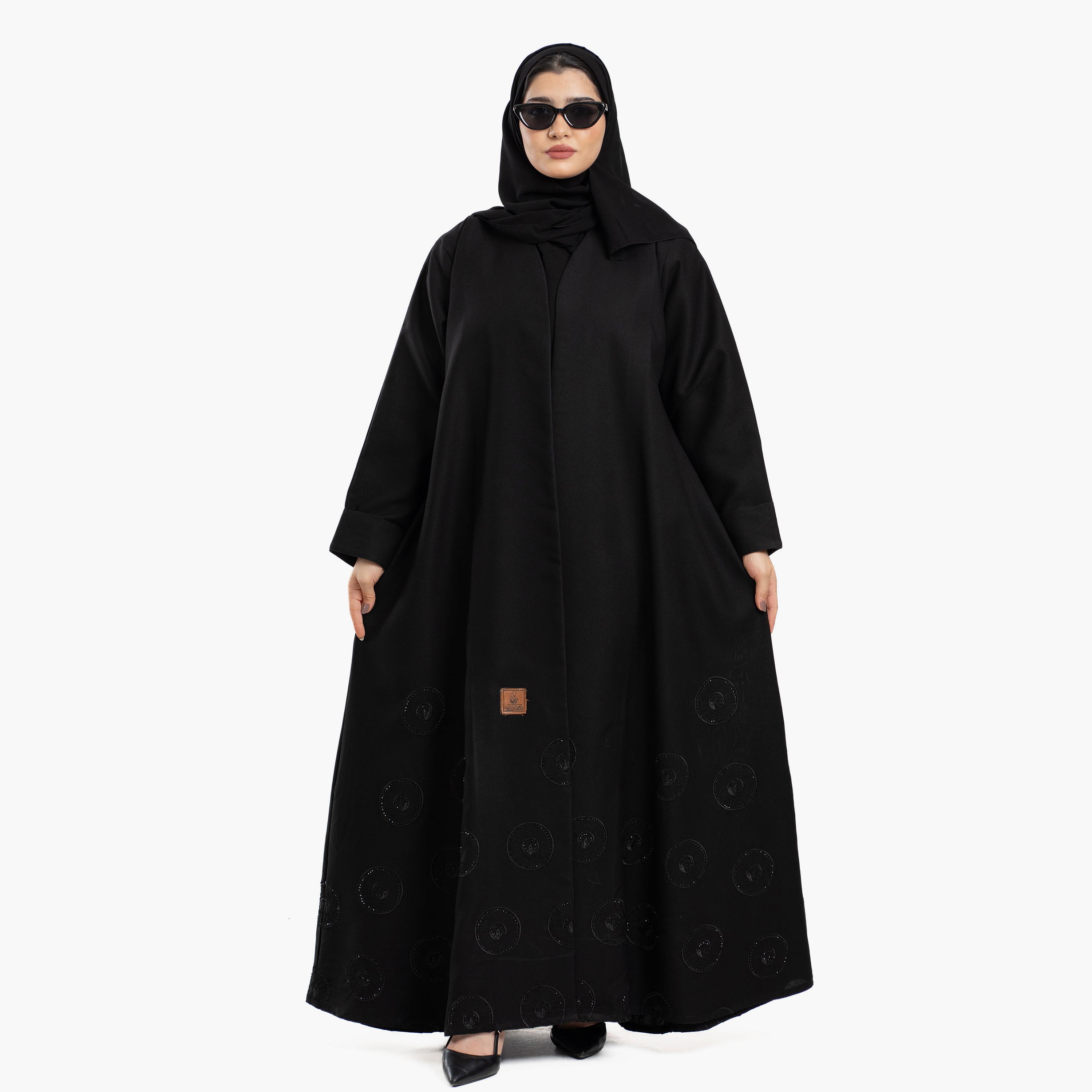 Zahiyh Black Subtle Circular Motifs Women's Abaya with Tarha-women-arabicclothing-abayas-image-1