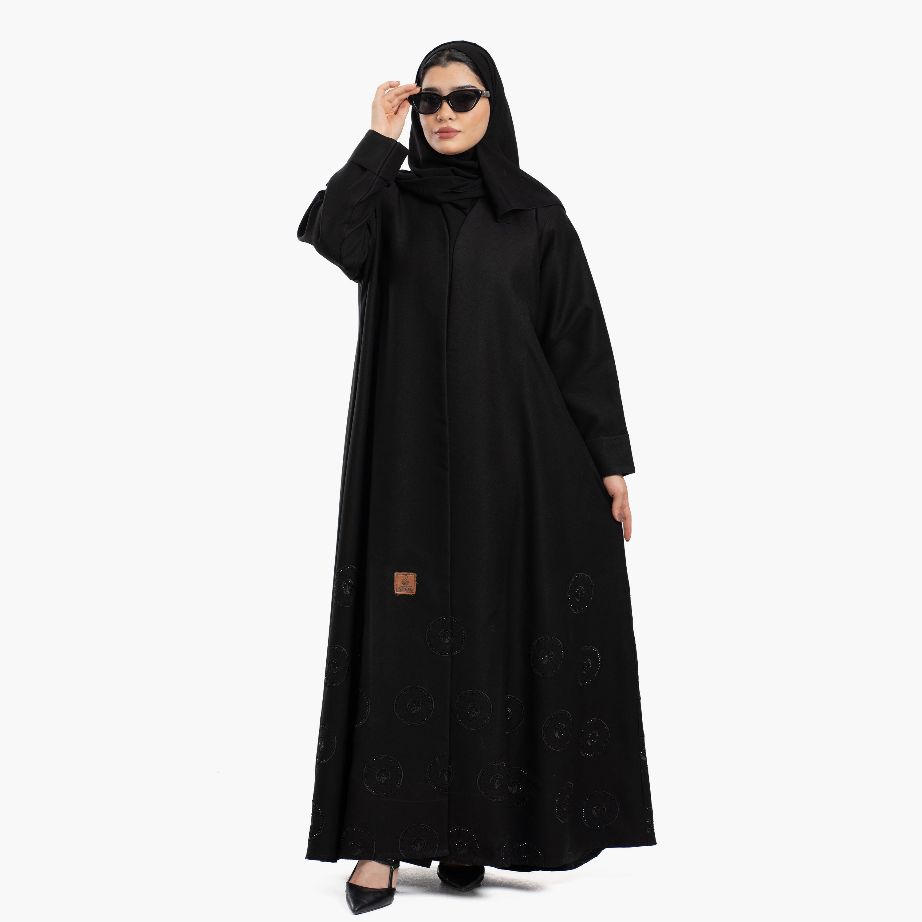 Zahiyh Black Subtle Circular Motifs Women's Abaya with Tarha-women-arabicclothing-abayas-image-2